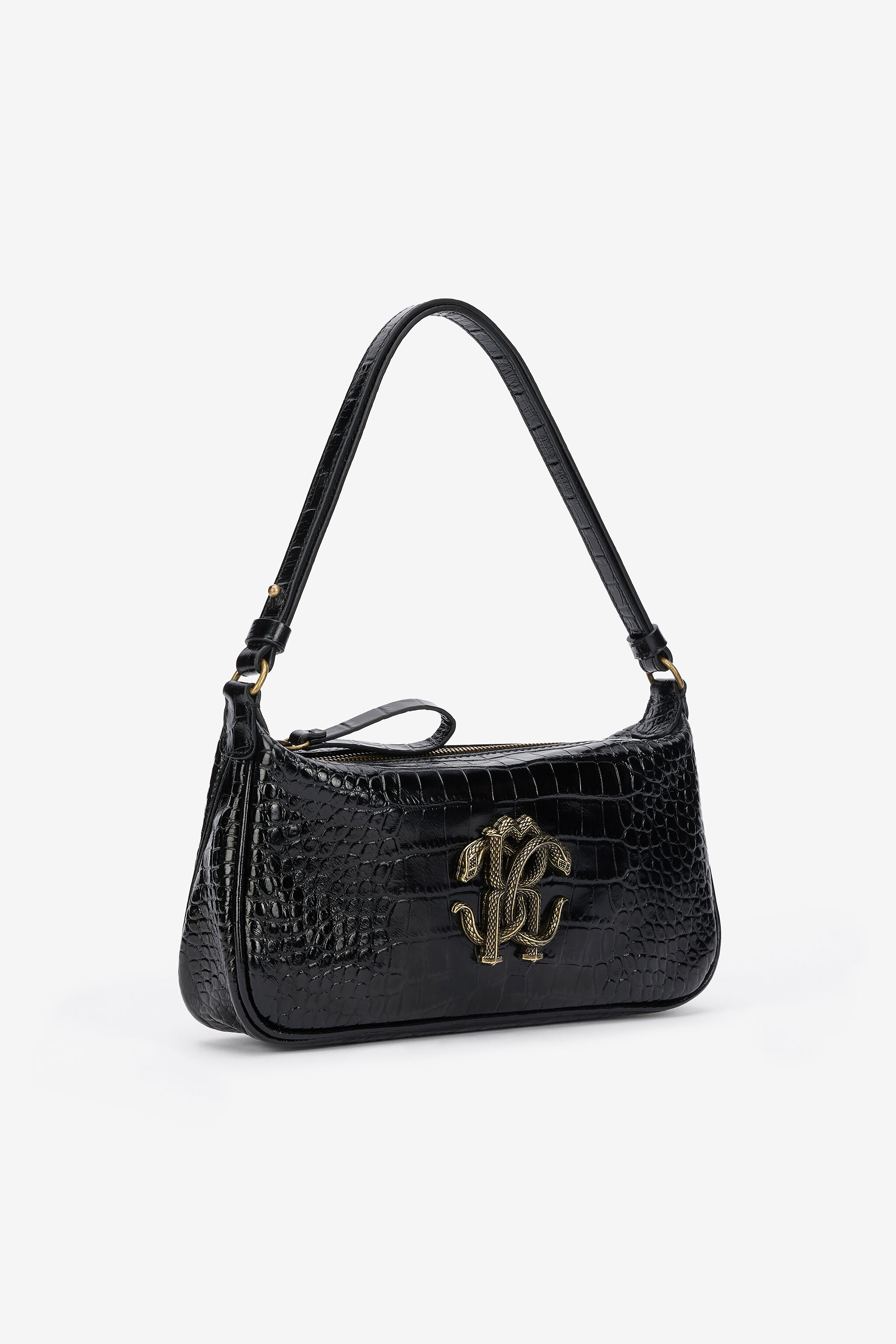 Black Croc-Effect Shoulder Bag With Mirror Snake Monogram in BLACK
