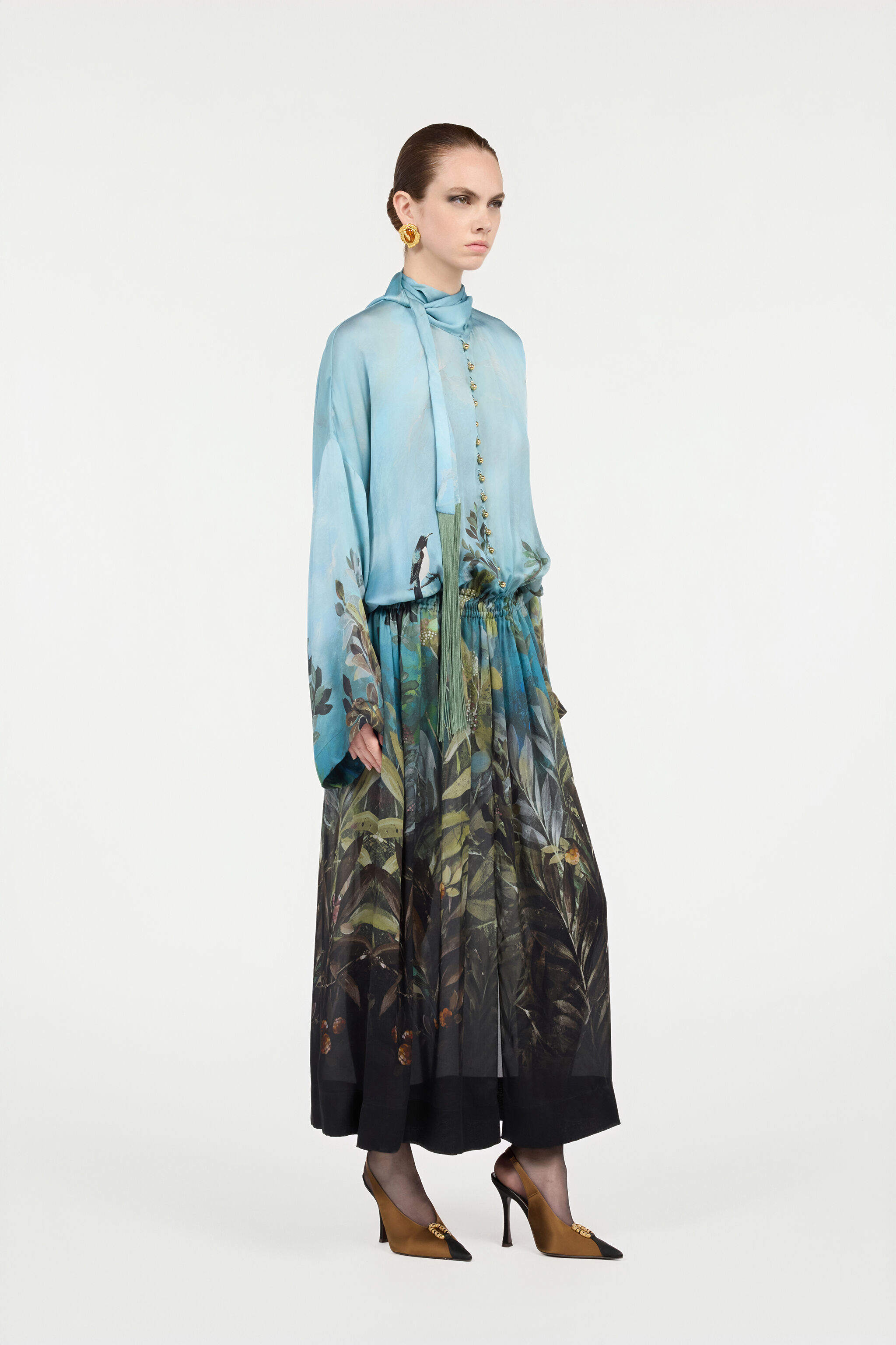 Silk Dress With Eden Print in Green/Blue for Women | Roberto Cavalli®