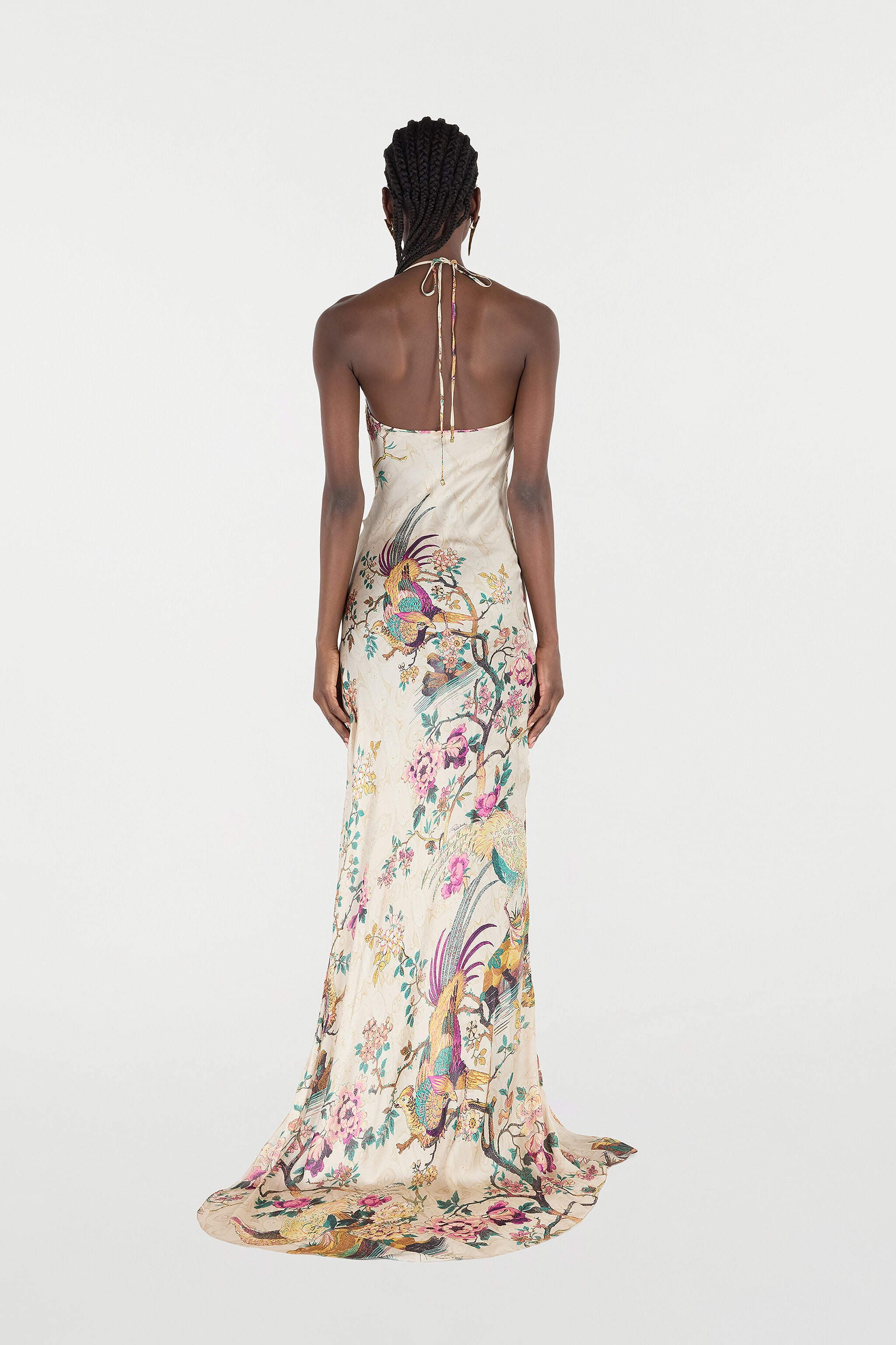 Extra-Long Pure Silk Dress With Oriental Bird Print in Ivory/Pink
