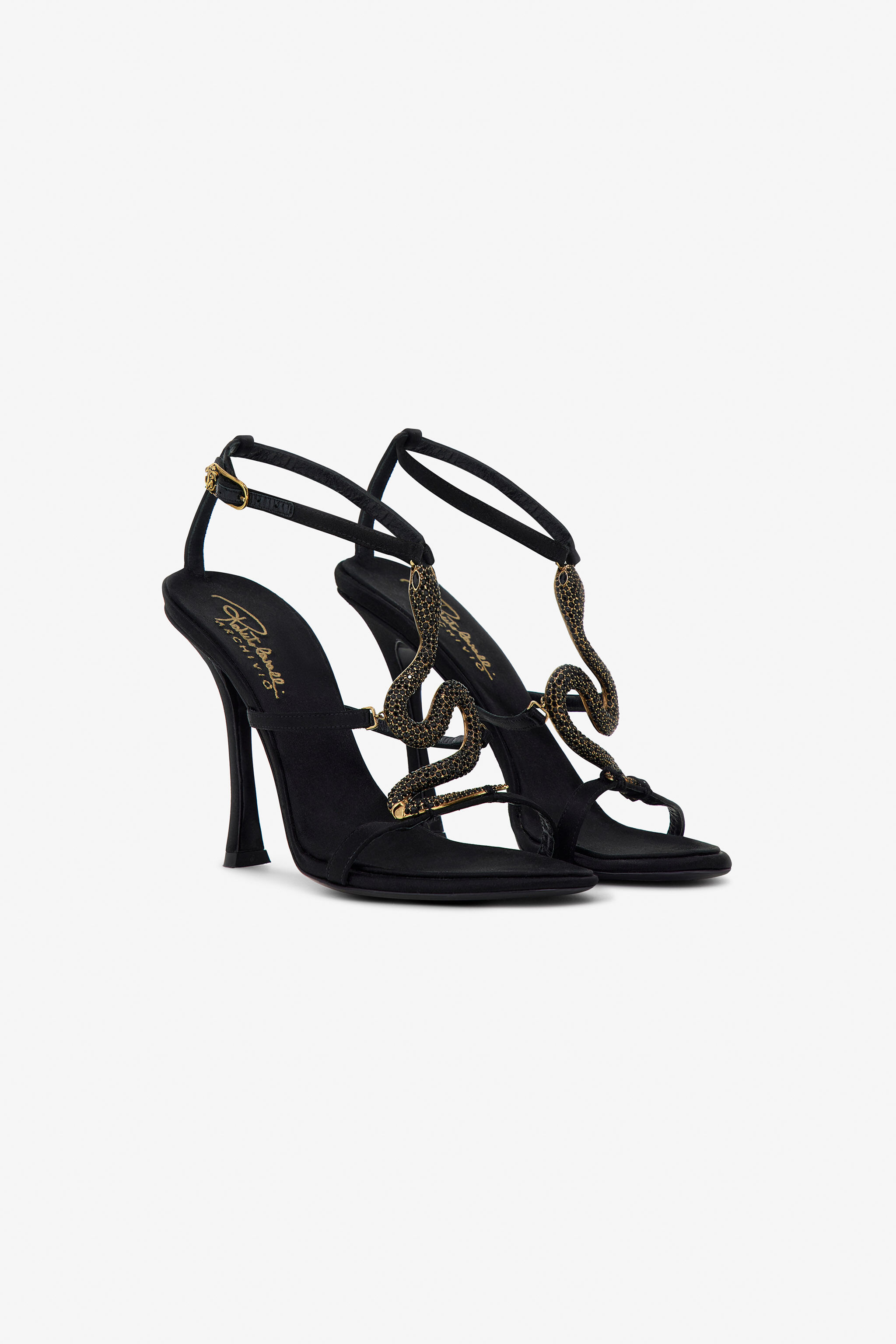 Snake-Embellished Sandals in Black for Women | Roberto Cavalli®