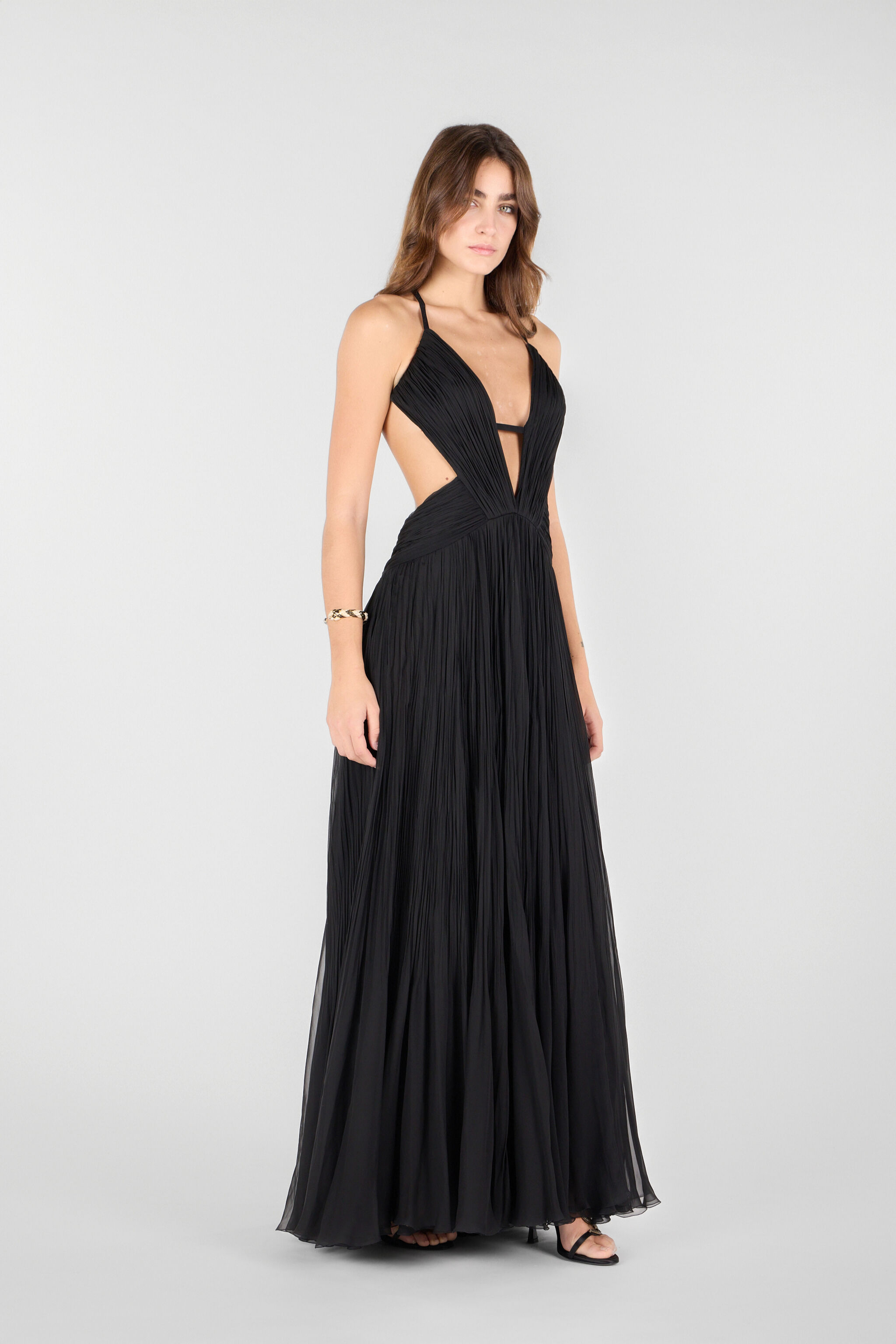 Draped backless silk dress in Black for Women | Roberto Cavalli®
