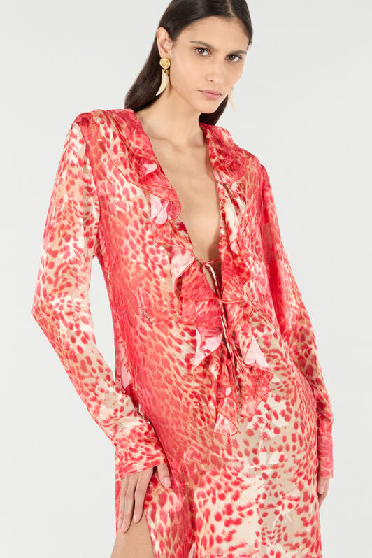 RC Langes Kleid mit Volant und Print Jaguar Skin RC Langes Kleid mit Volant und Print Jaguar Skin Rot UKT115-HEN58