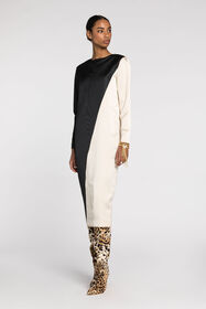 RC Diagonal-stripe satin-finish midi dress Ivory/Black QWT121-RD013