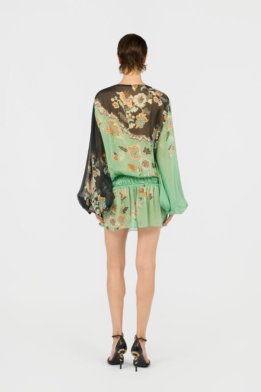 RC Abito In Chiffon Di Seta Stampa Kimono GREEN/BLACK XQW037-HNT25