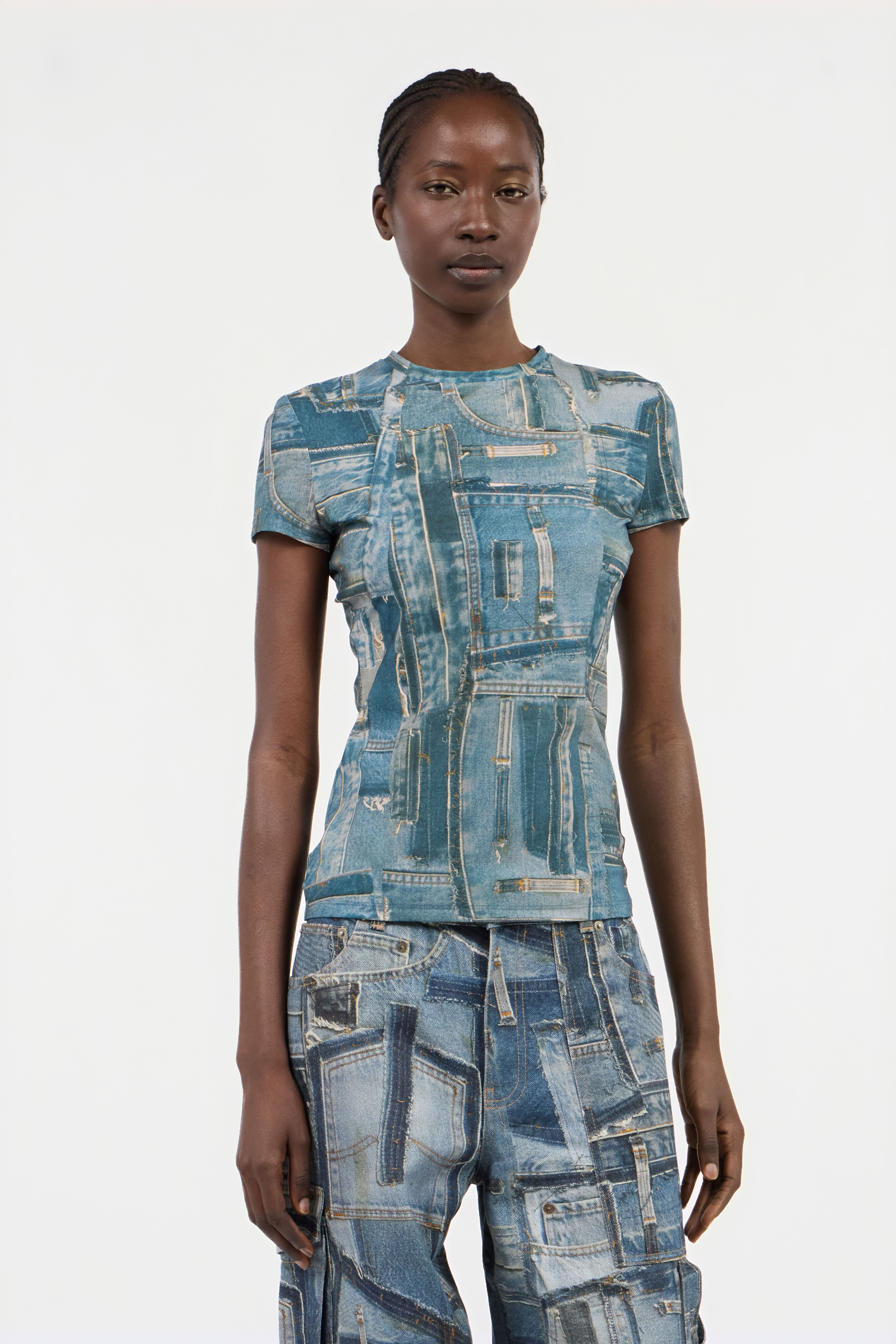 RC T-shirt Imprimé Denim Patchwork Bleu UWT606-SVR95