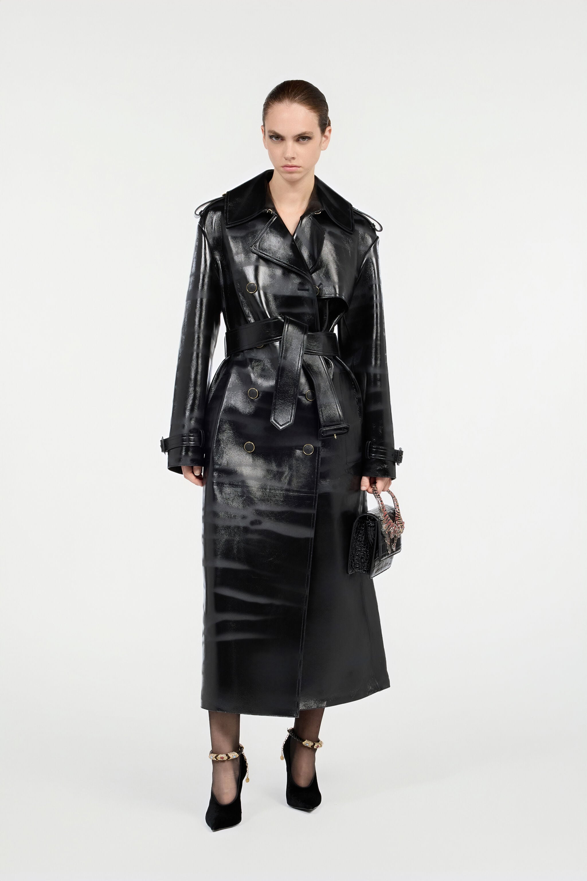Black Genuine Leather Long Trench Coat in Black for Women