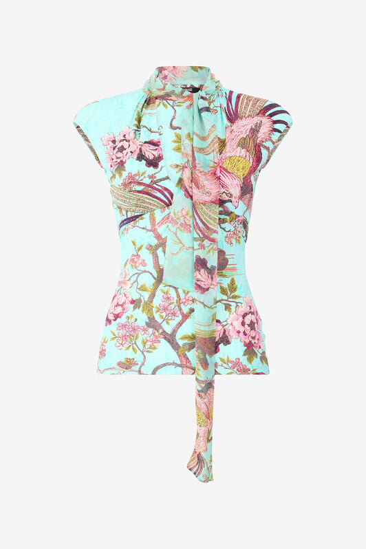 RC Haut avec imprimé de fleurs et faisans RC Haut avec imprimé de fleurs et faisans Bleu/Rose VKT604-LNP76