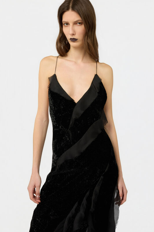 RC Velvet Slip Dress with Silk Chiffon Ruffles BLACK XWT115-VL067