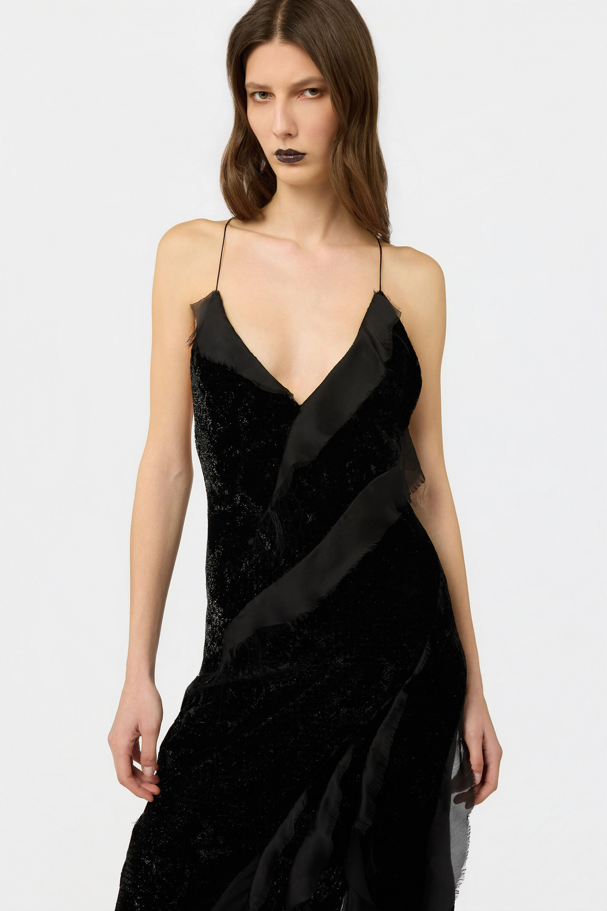 RC Velvet Slip Dress with Silk Chiffon Ruffles BLACK XWT115-VL067