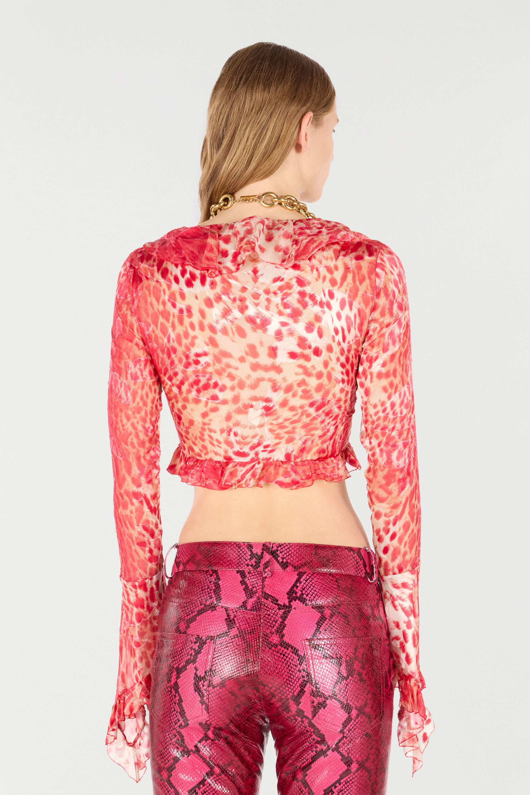 RC Crop Top With Ruffle And Jaguar Skin Print RC Crop Top With Ruffle And Jaguar Skin Print Red UKT707-HEN58