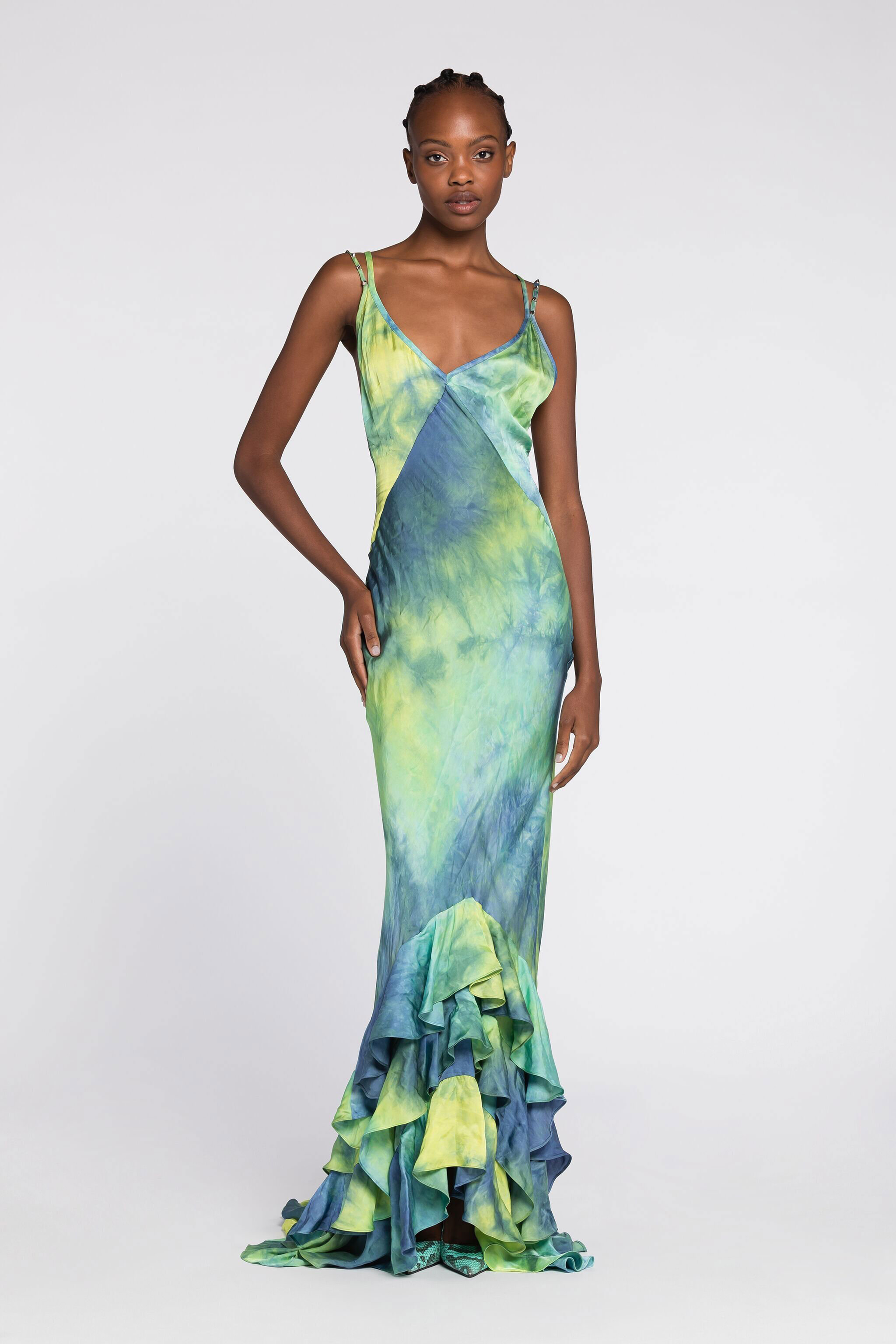 RC Tie-dye print ruffle-hem maxi dress RC Tie-dye print ruffle-hem maxi dress Light green/Light blue QKR122-RK007