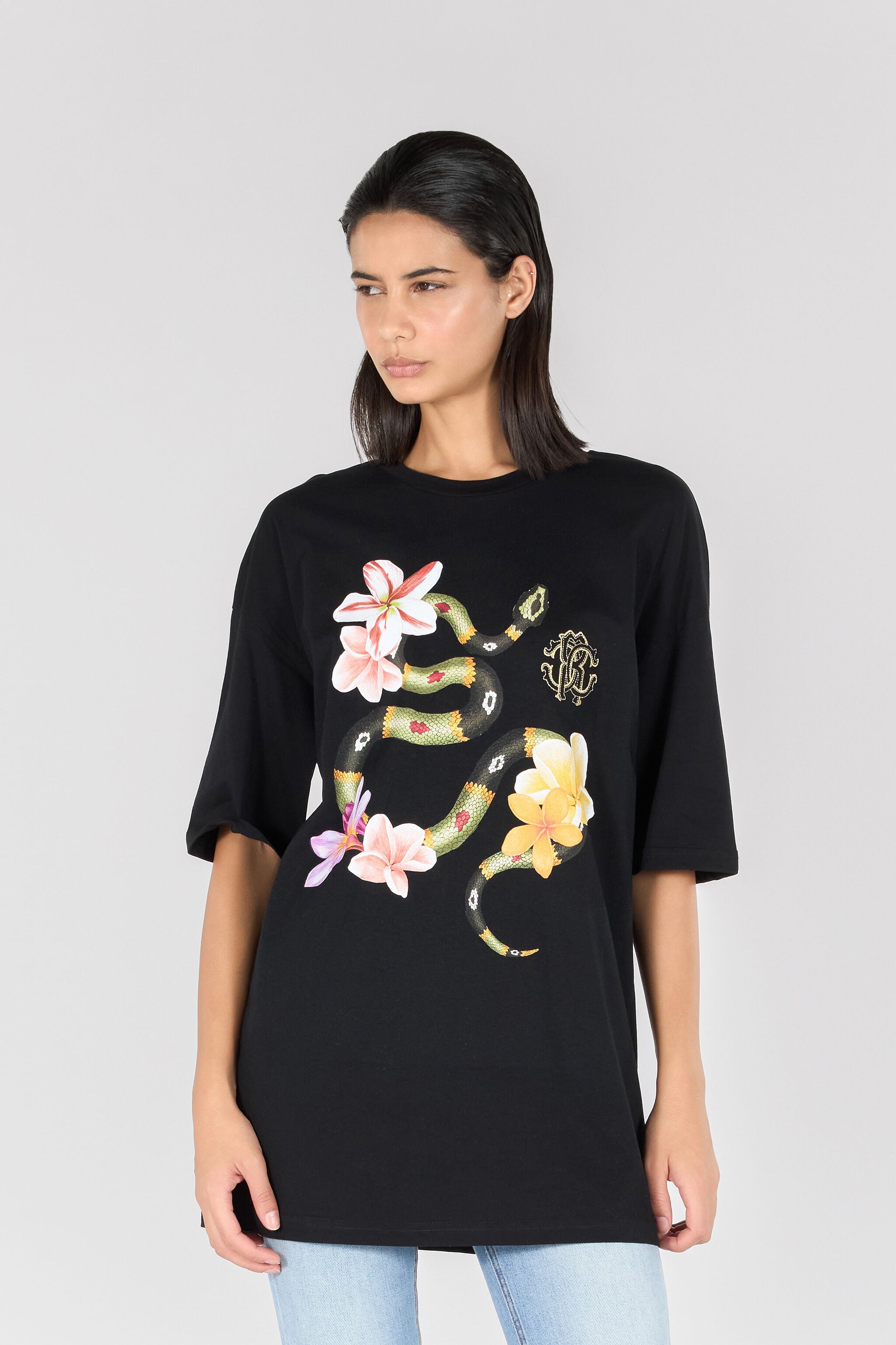 RC T-Shirt Avec Serpent Et Fleurs Noir OOT62A-JD060