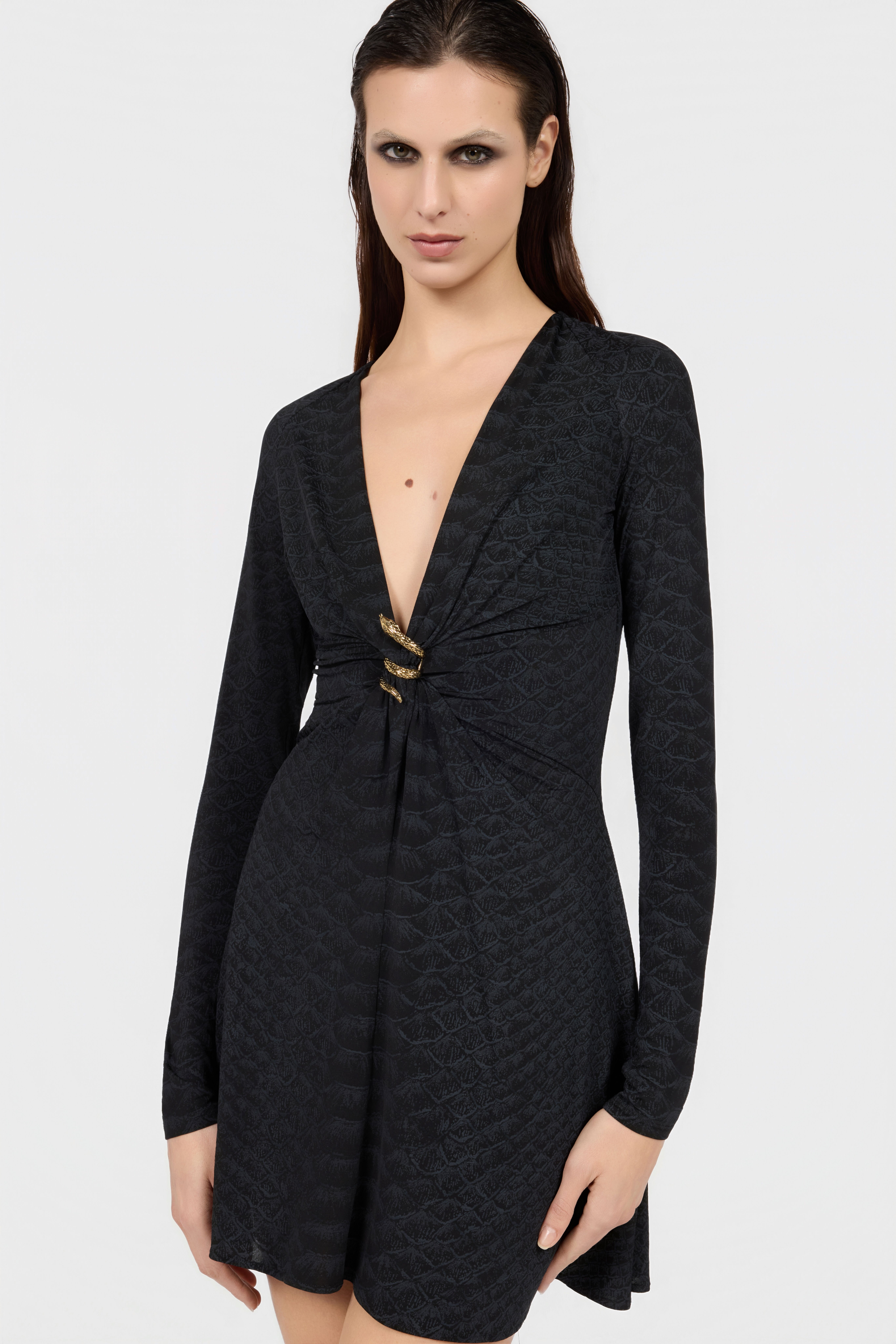 roberto cavalli カシュクール ドレス ワンピース リボン 黒 Dress With Serpentine Print And Jewel Detail in BLACK for Women