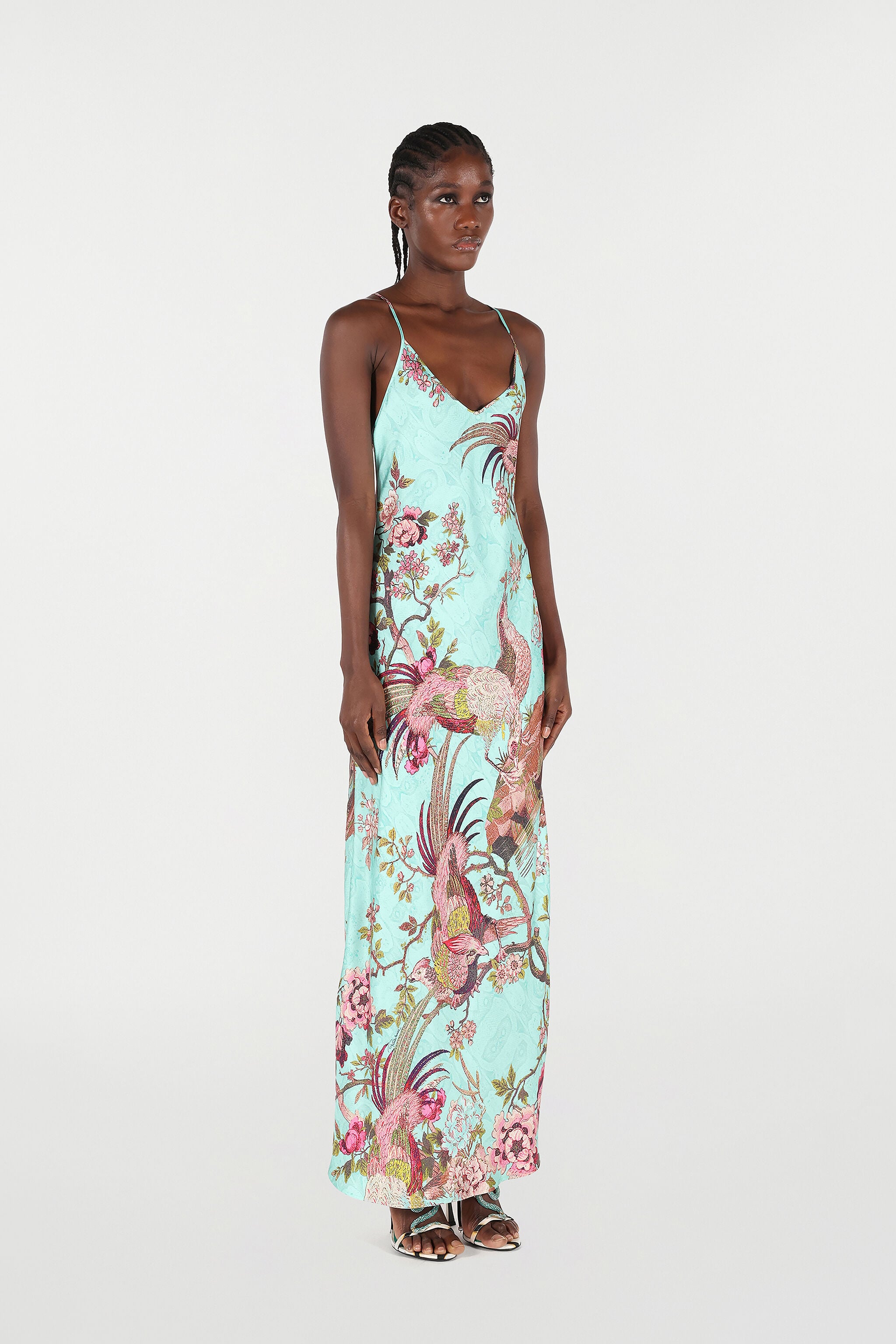 Slip Dress With Oriental Bird Print in Blue/Pink for Women