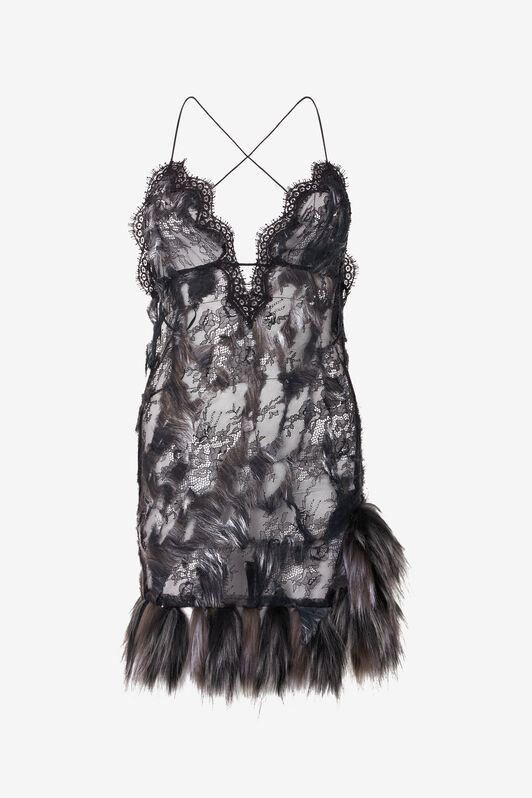 RC Miniabito in pizzo effetto destroyed con stampa Fur RC Miniabito in pizzo effetto destroyed con stampa Fur BLACK/BEIGE XWT119-7HT79