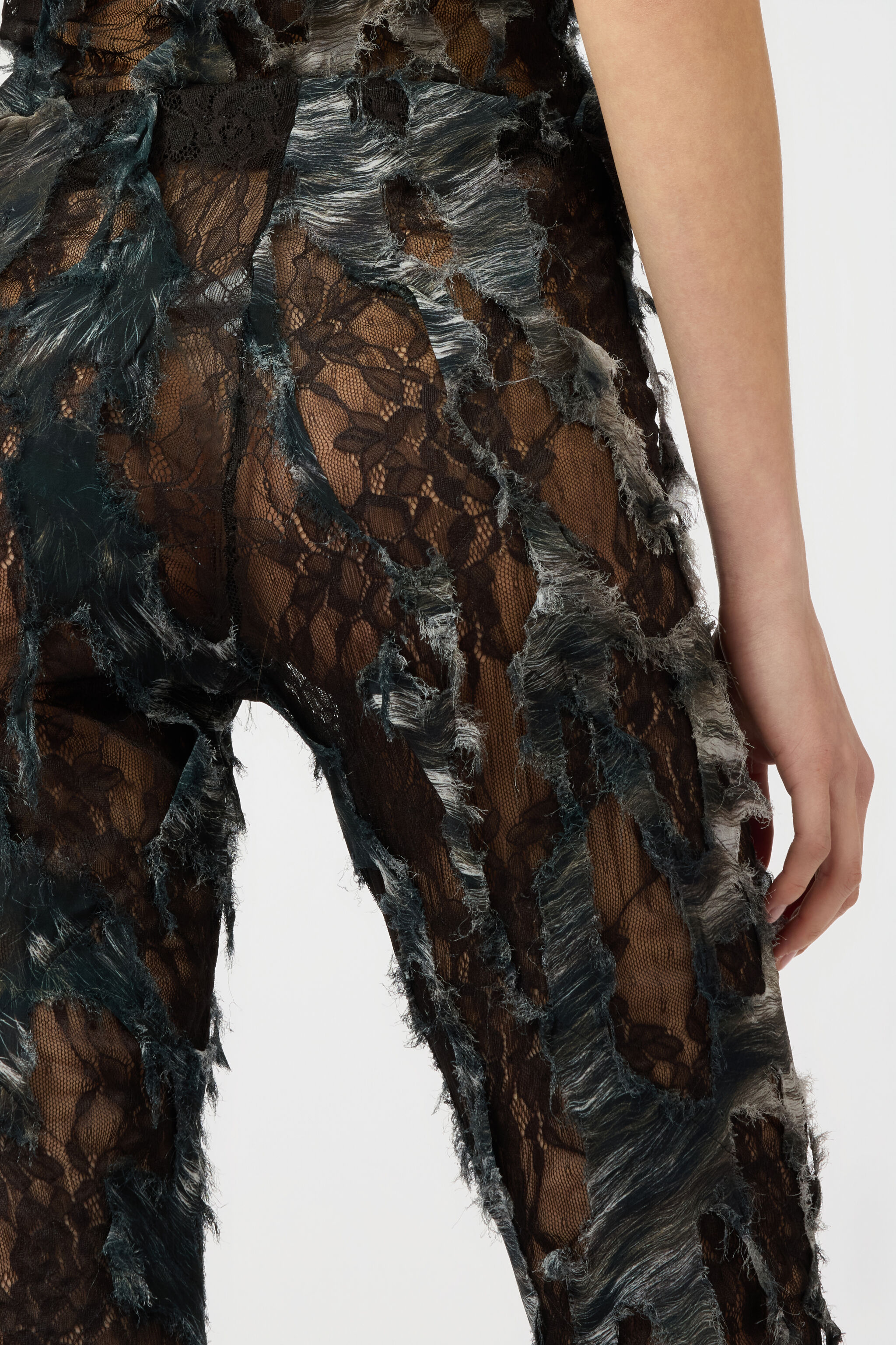 RC Pants with Fur Print on Destroyed-Effect Lace BLACK/BEIGE XWT206-7HT79