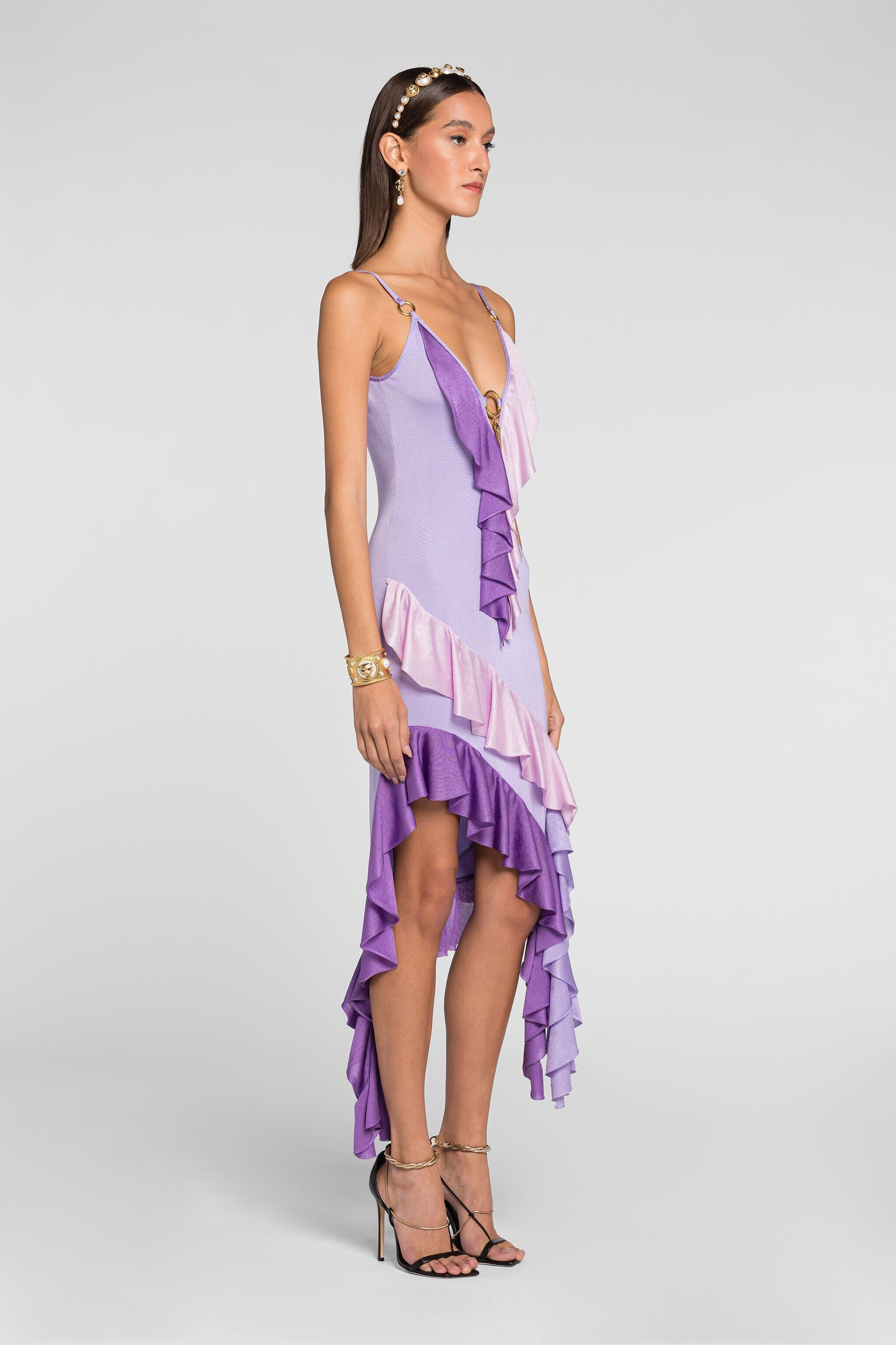 Ruffled asymmetric plunge dress in Purple for Women | Roberto Cavalli®
