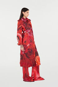 RC Long Crinkle-Effect Trench Coat With Rose Print Red UKT503-5RN48