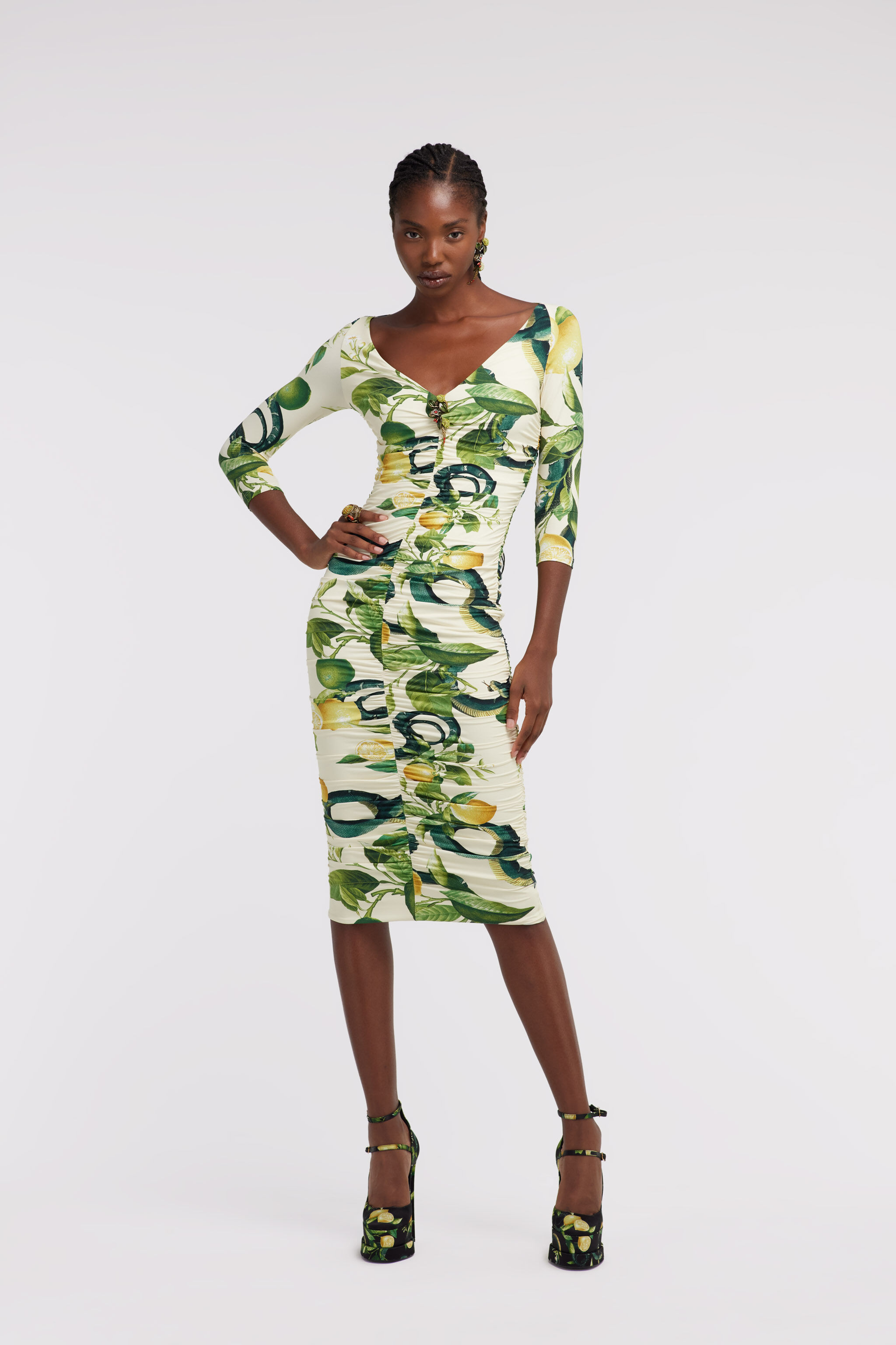 Lemon print Dress in Ivory for Women | Roberto Cavalli®