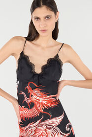 RC Vestido Mini De Seda Con Dragón Y Volantes Negro/Rojo VQT118-OZP75