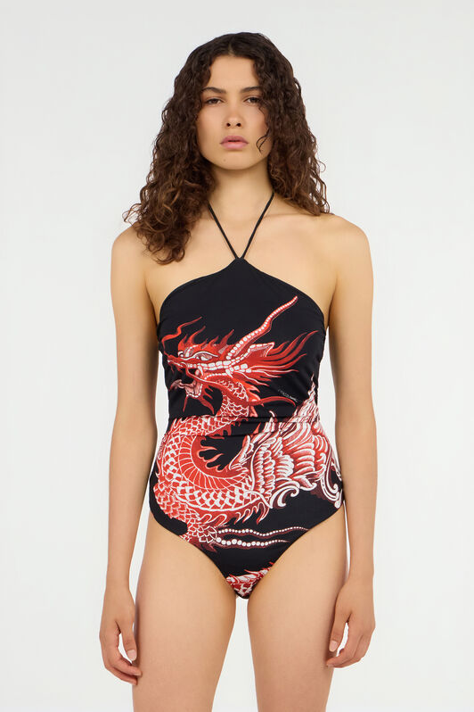 RC Bodysuit With Dragon, Flowers And Fans Black/Red VQT620-LNP75