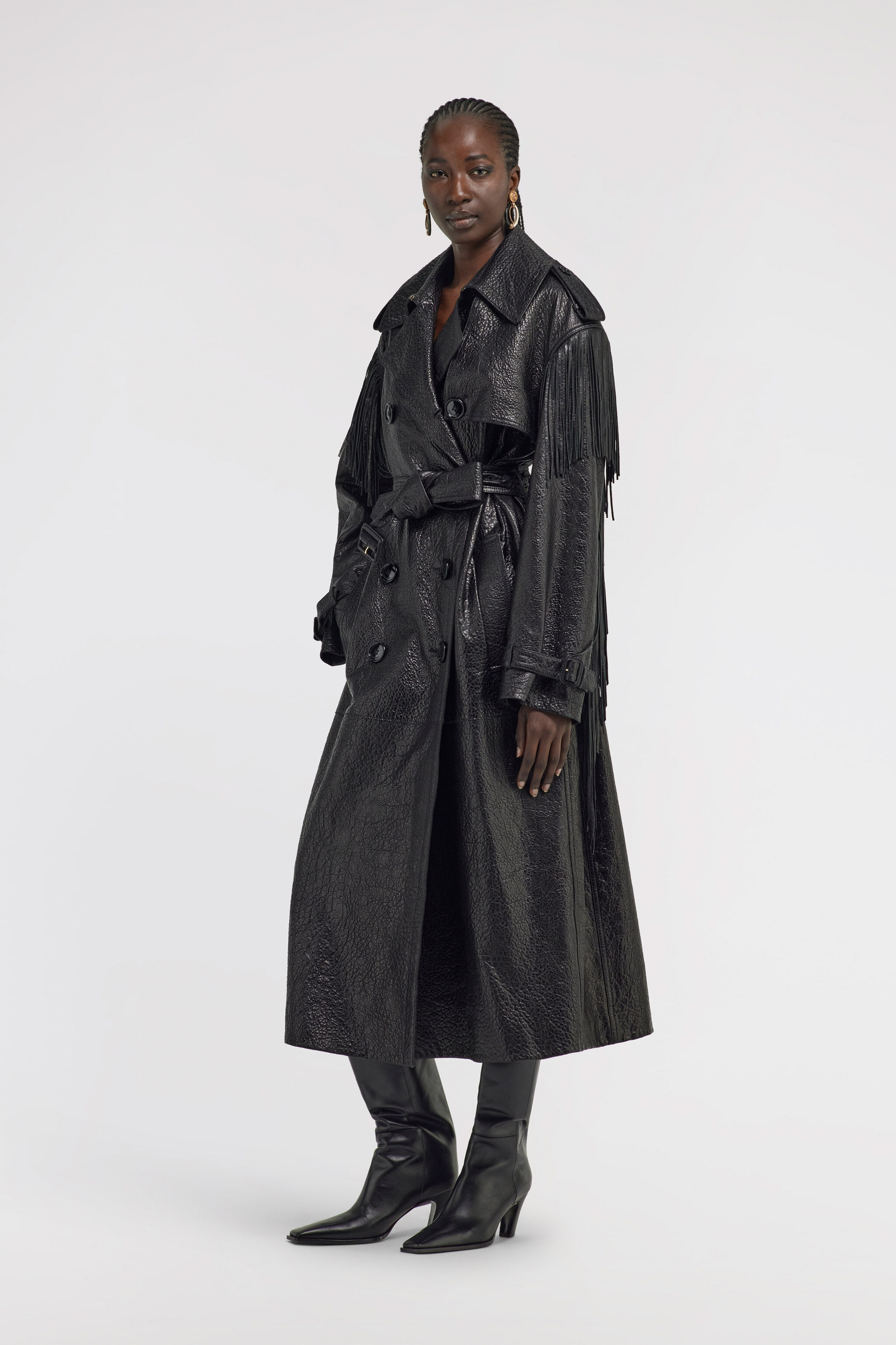 Fringed Leather Trench Coat in Black for Women | Roberto Cavalli®