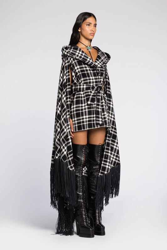 RC Fringe-Trimmed Plaid Hooded Cape RC Fringe-Trimmed Plaid Hooded Cape Black/White RKT509-FY076