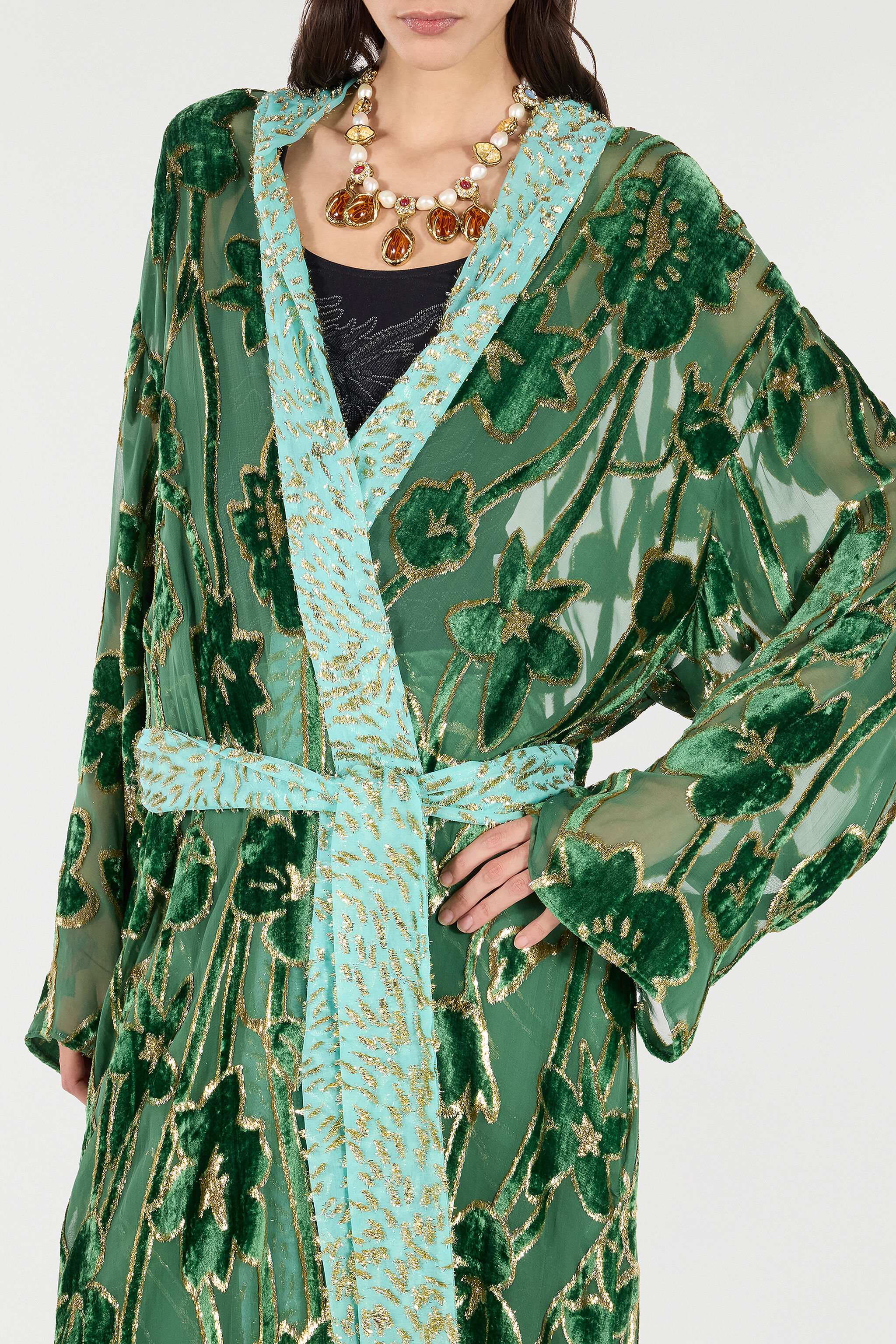 See-Through Robe With Floral Pattern in VERDE/ORO for Women