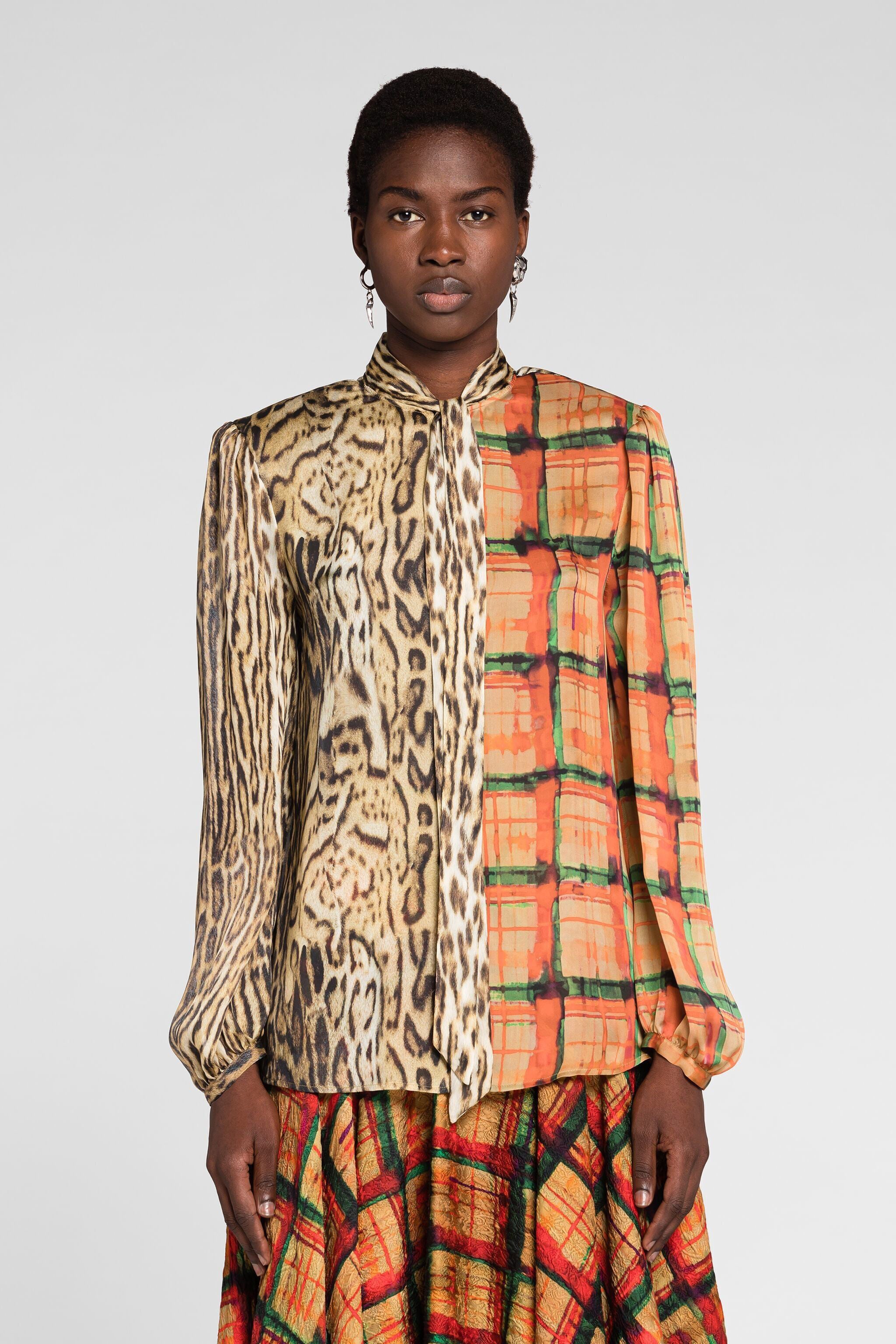 RC Ocelot And Tartan-Print Tie-Neck Top NATURALE/NATURALE PKT705-CTE37