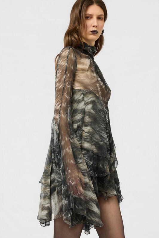 RC Mini Dress in Silk with Fur Print BLACK/BEIGE XWT101-CKT79