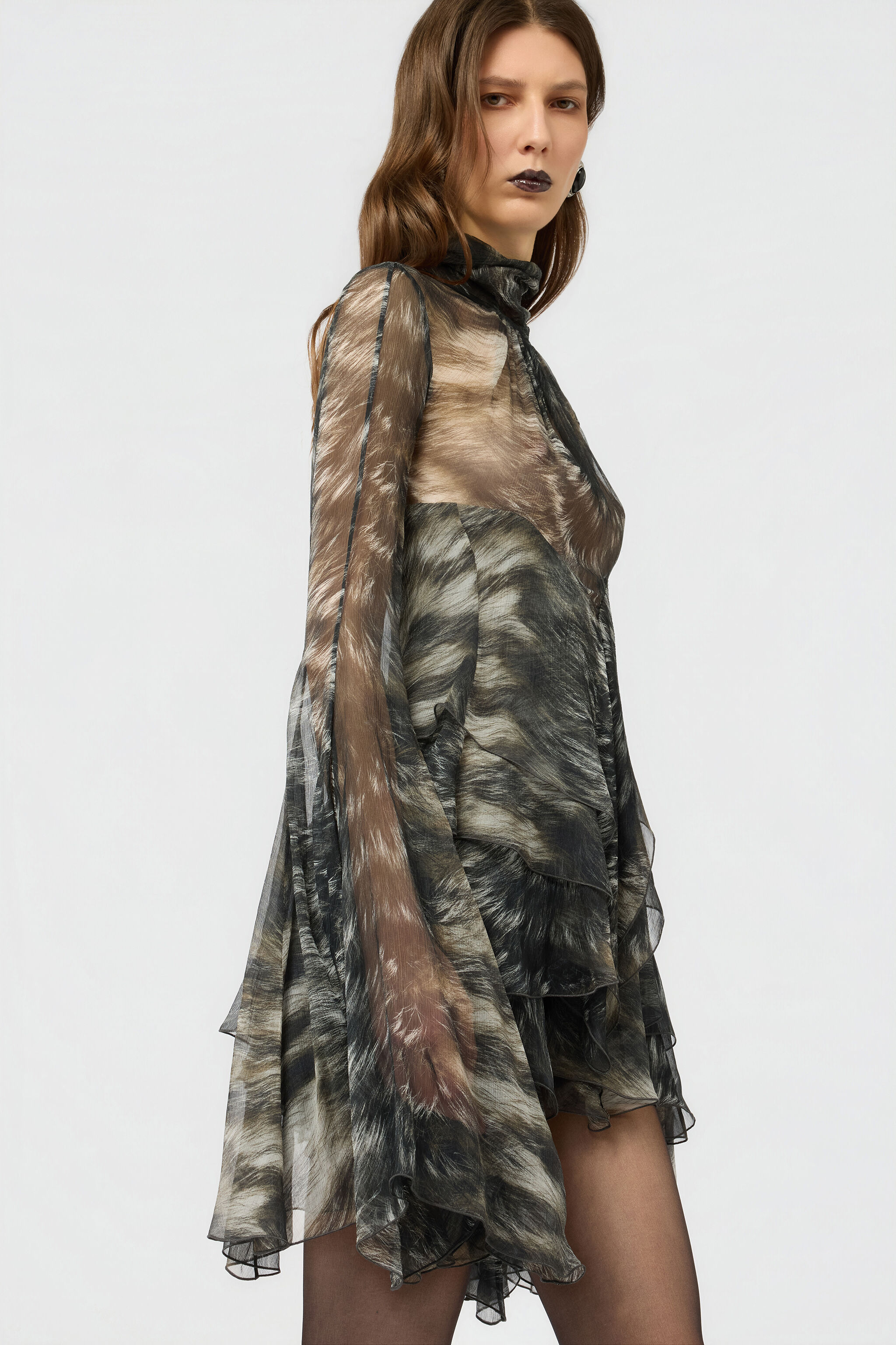 RC Mini Dress in Silk with Fur Print BLACK/BEIGE XWT101-CKT79