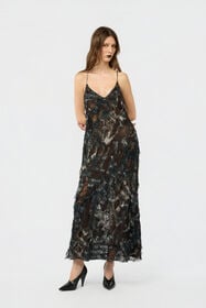 RC Vestido midi con estampado Fur sobre encaje con efecto desgastado BLACK/BEIGE XWT102-7HT79