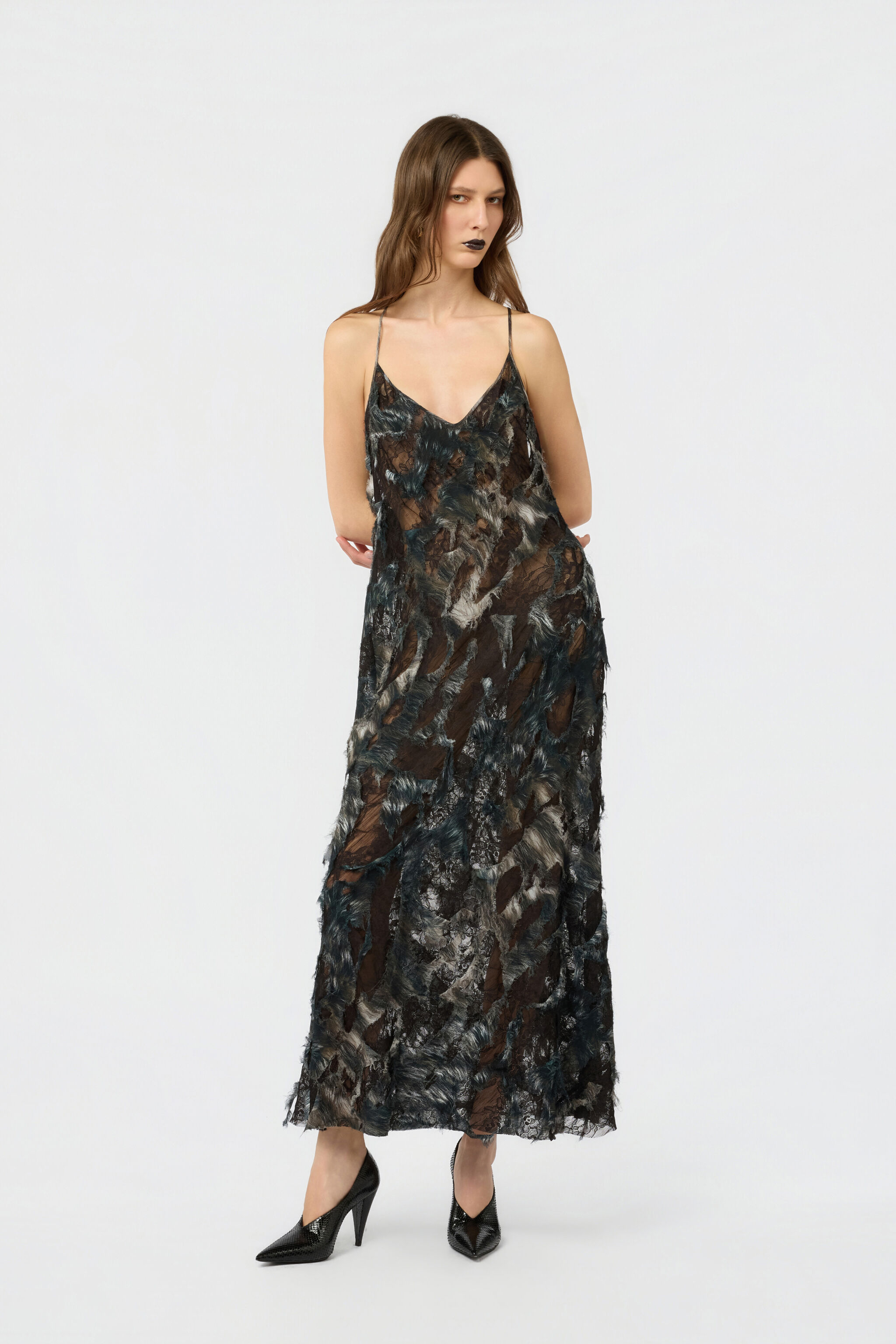 RC Midi Dress with Fur Print on Destroyed-Effect Lace BLACK/BEIGE XWT102-7HT79