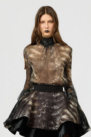 RC Silk Blouse with Fur Print BLACK/BEIGE XWT702-CKT79