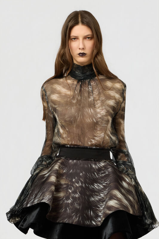 RC Seidenbluse mit Fur-Print BLACK/BEIGE XWT702-CKT79