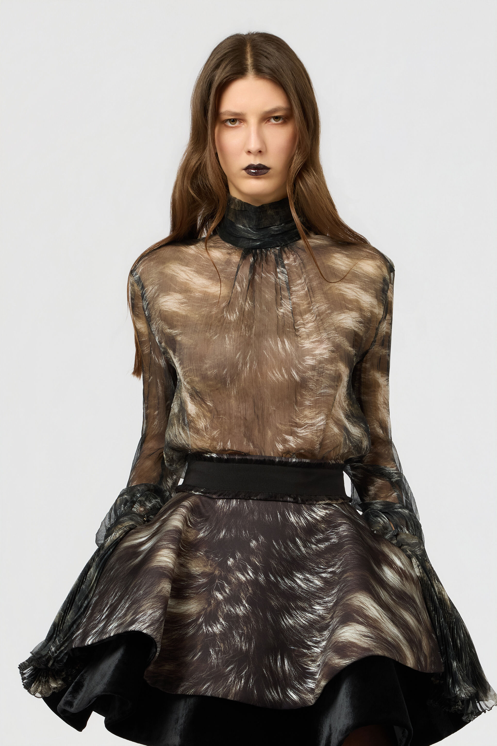 RC Seidenbluse mit Fur-Print BLACK/BEIGE XWT702-CKT79
