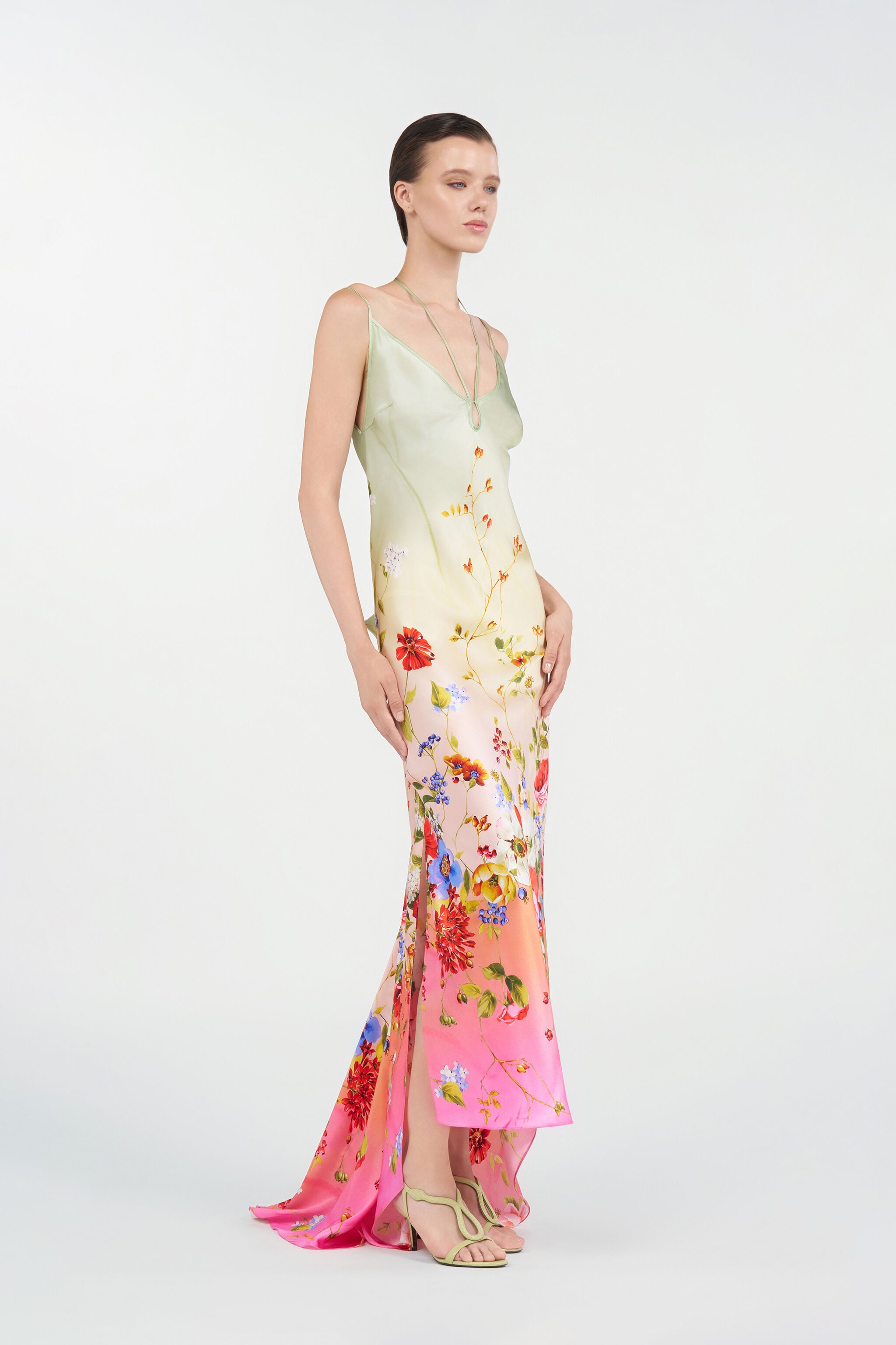 Maxi Dress with Miami Flowers Print in GREEN/FUCHSIA for Women