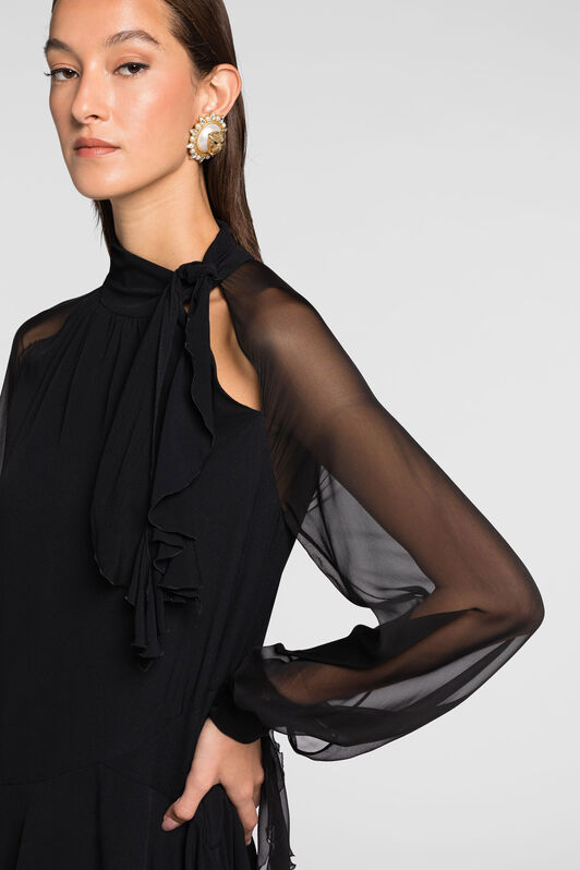 RC Sheer-sleeve draped-ruffle silk dress RC Sheer-sleeve draped-ruffle silk dress Black QKT125-SY005