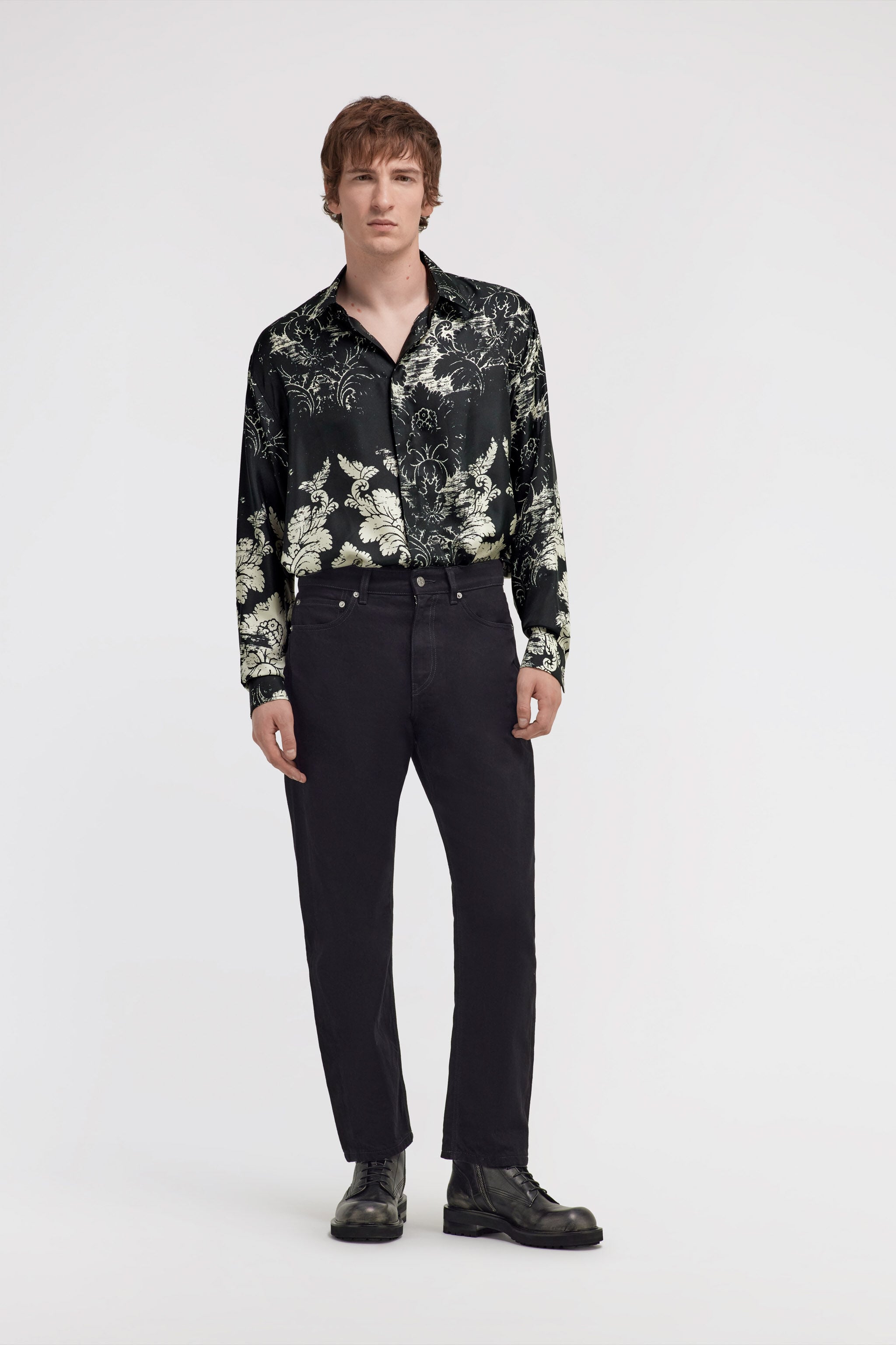 Broccato Print Silk Shirt in Black for Men | Roberto Cavalli®