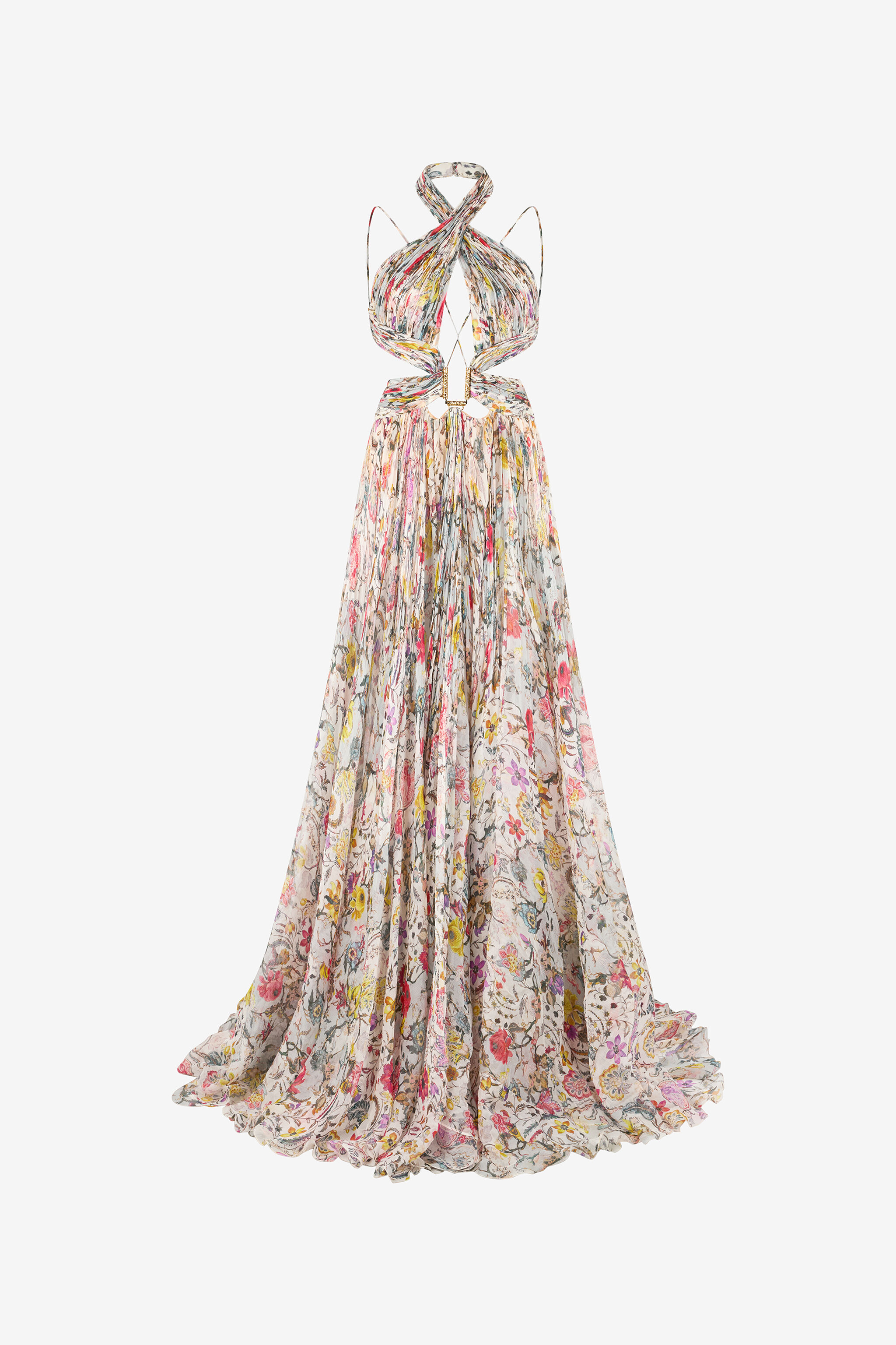 Long Chiffon Dress with Florentine Flowers Print in BEIGE for