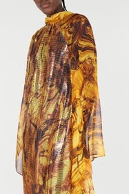 RC Silk Caftan Dress With Amber Print Sequins Yellow VKT145-VXP74
