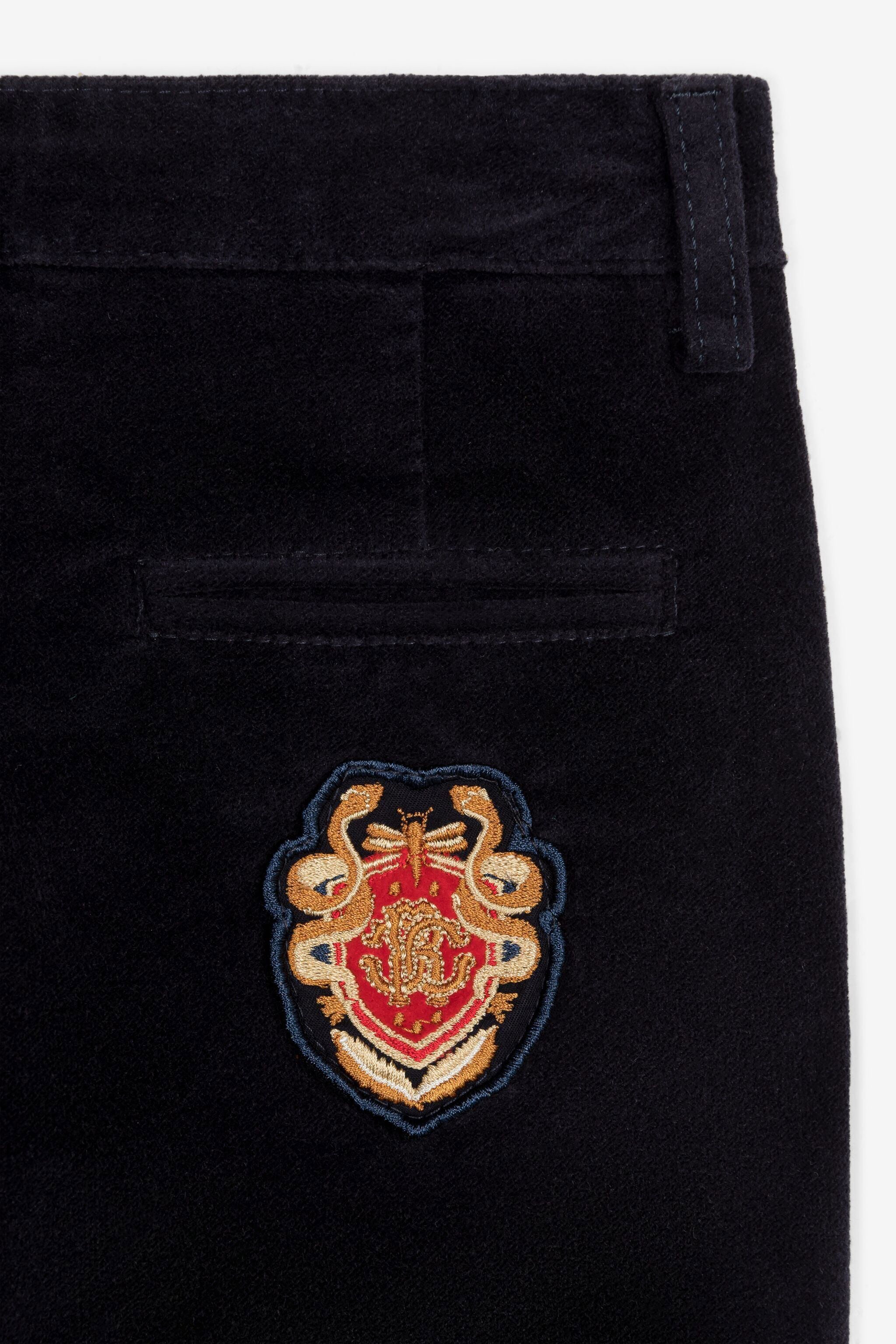 JU RC Monogram Crest-Appliqué Velvet Trousers JU RC Monogram Crest-Appliqué Velvet Trousers Dark blue PJT233-FA001