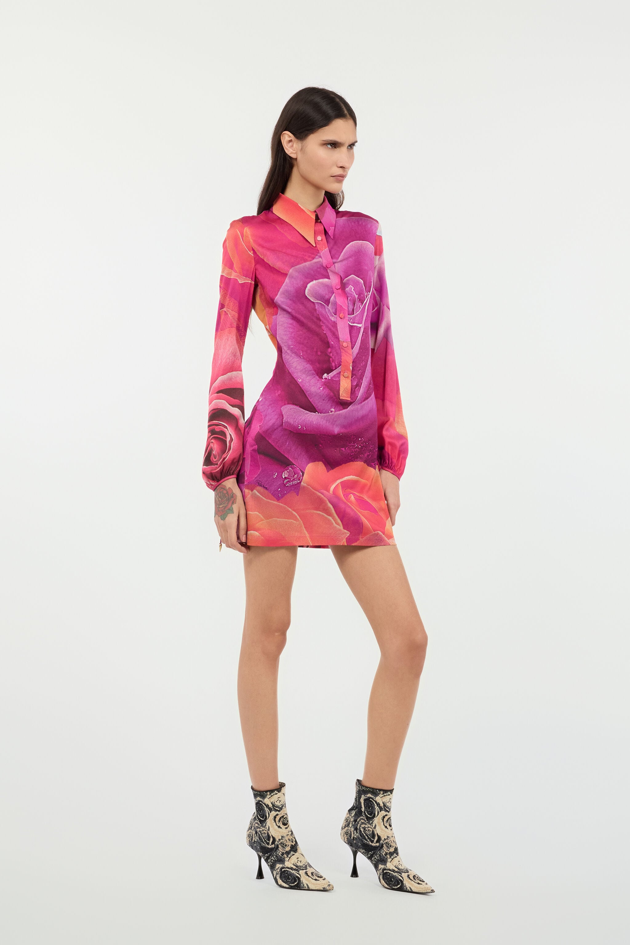 RC Mini Dress With Garden Rose Print Fuchsia UKT106-FQN48