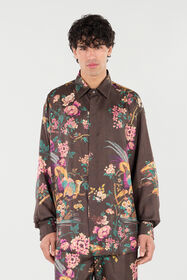 RC Silk Shirt With Oriental Bird Print Brown VRT721-OZP76