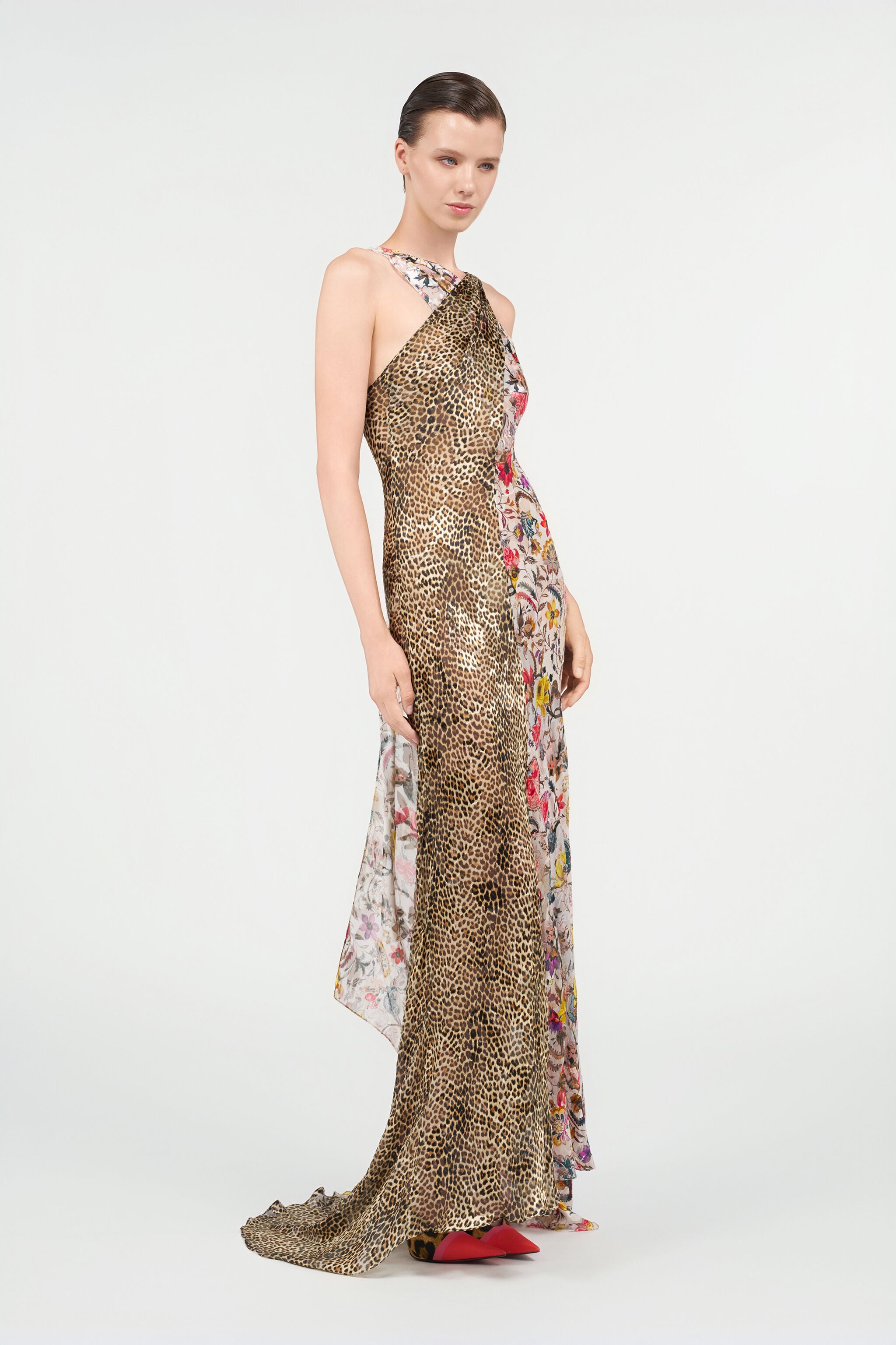 Long Chiffon Dress with Florentine Flowers Print in MULTICOLOR for