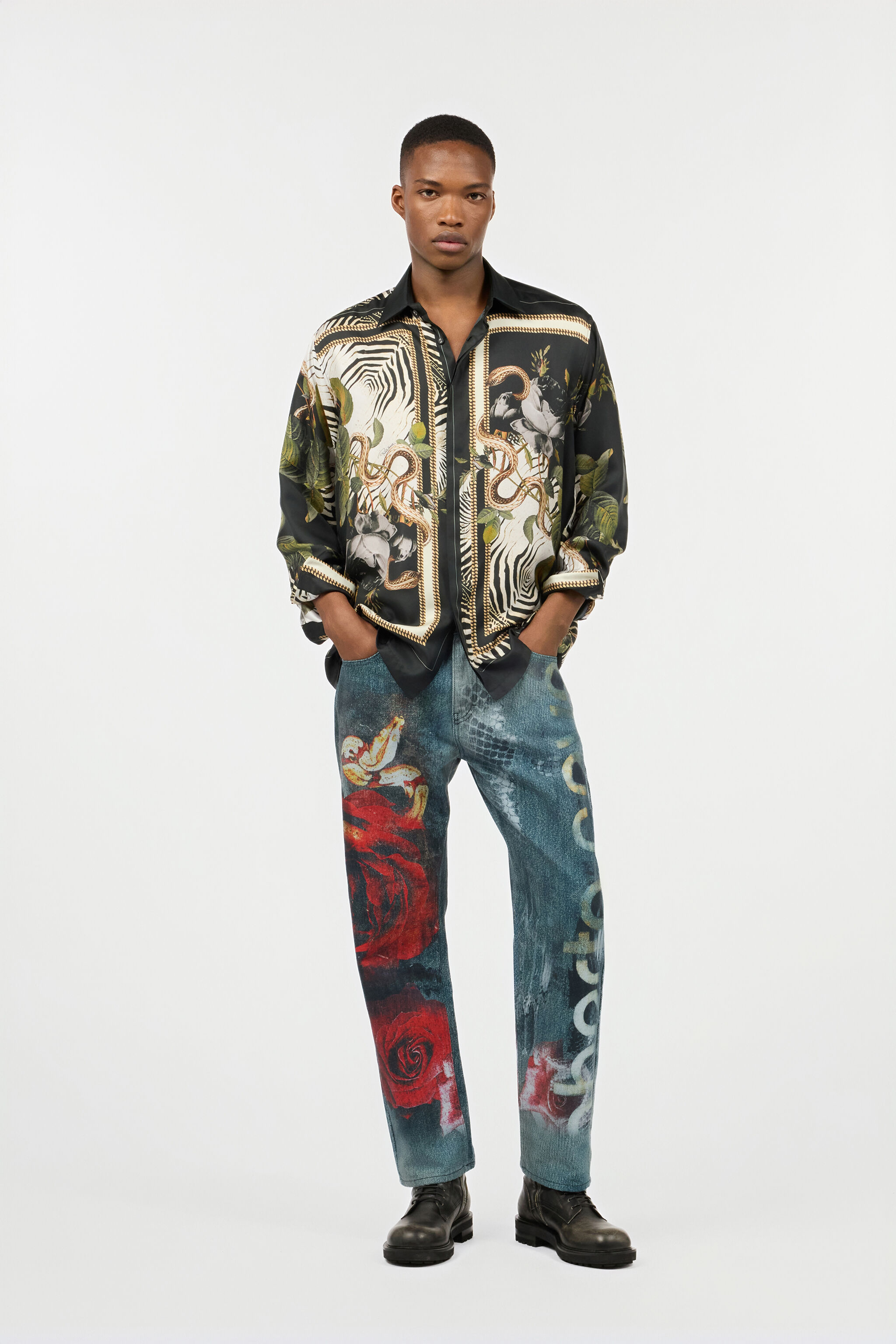 Zebra And Snake Print Silk Shirt in Black for Men | Roberto Cavalli®