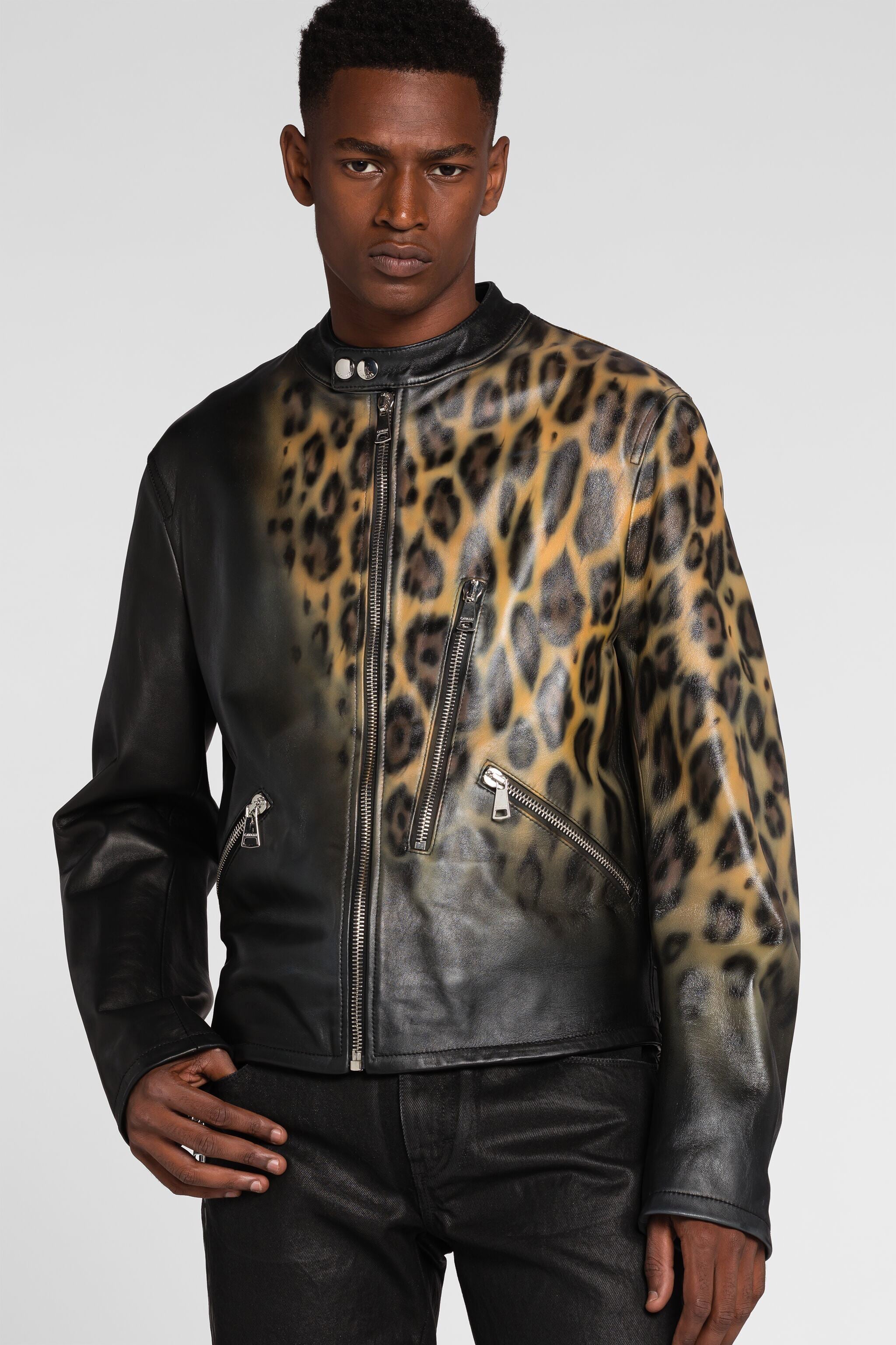 RC Leopard print leather bomber jacket RC Leopard print leather bomber jacket Black QRP811-PFF22