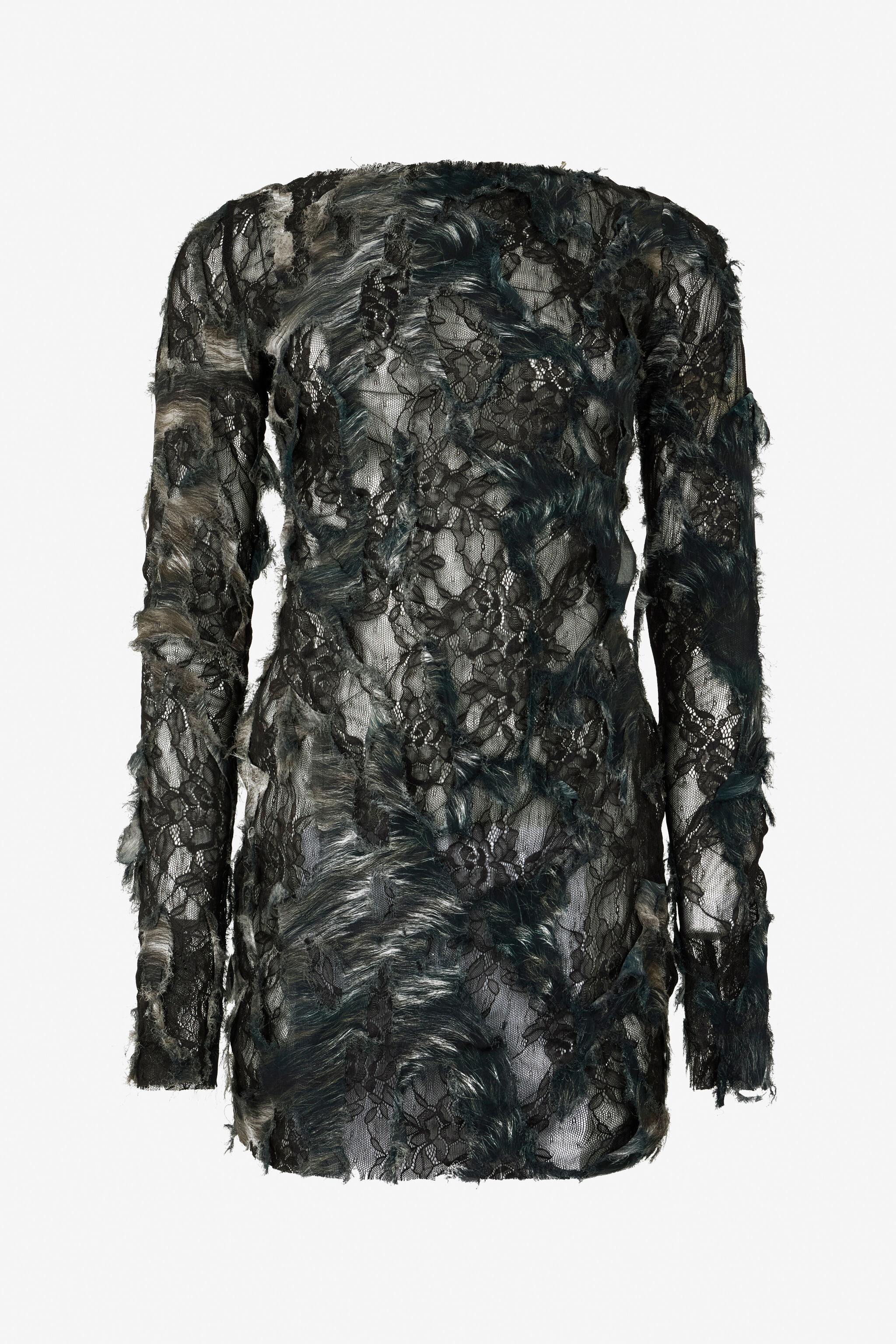 RC Mini Dress with Fur Print on Destroyed-Effect Lace RC Mini Dress with Fur Print on Destroyed-Effect Lace BLACK/BEIGE XWT143-7HT79