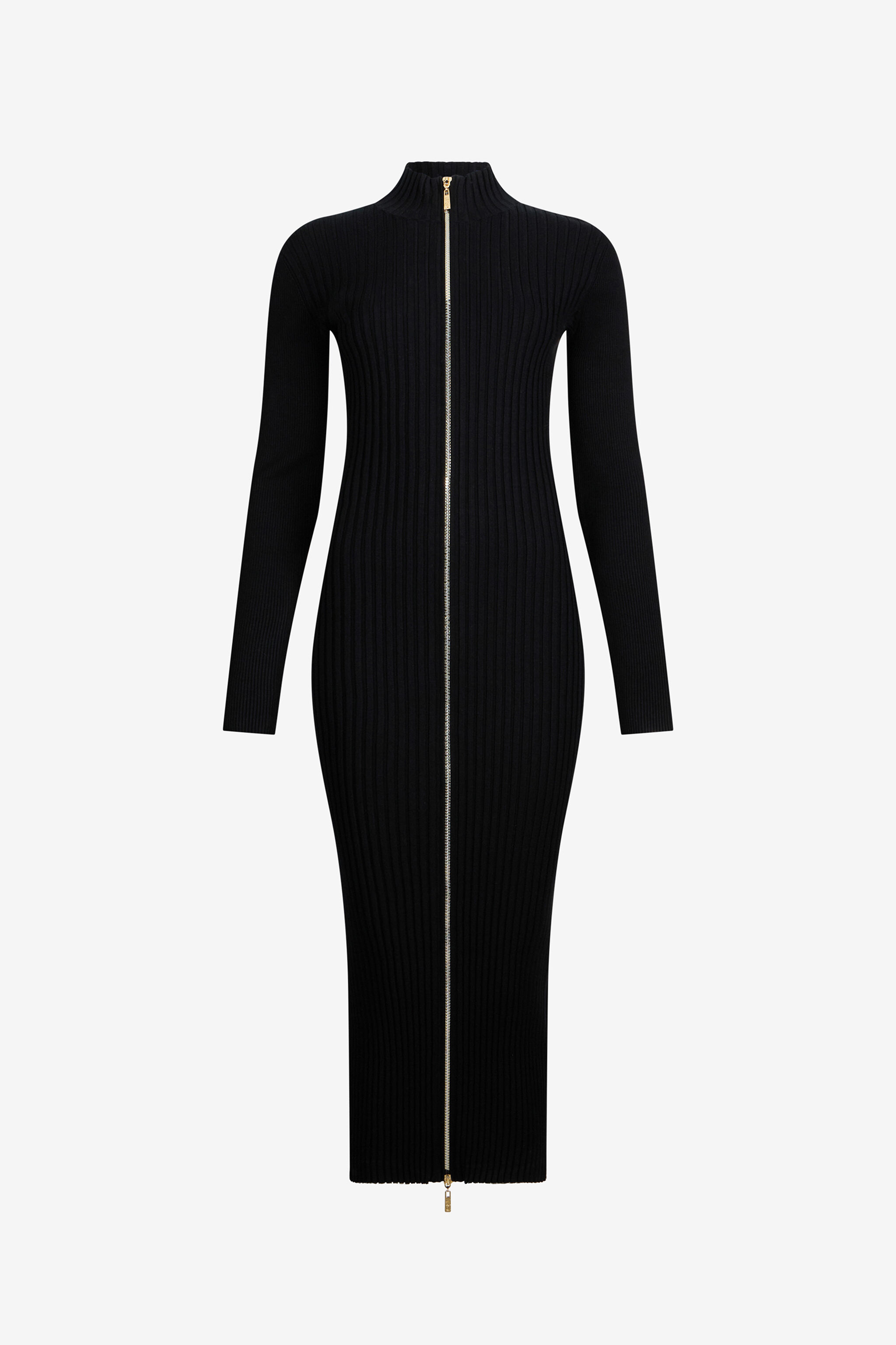 JC Black Ribbed-Knit Zip-Front Midi Dress BLACK VFT255-VF402