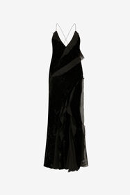 RC Velvet Slip Dress with Silk Chiffon Ruffles BLACK XWT115-VL067